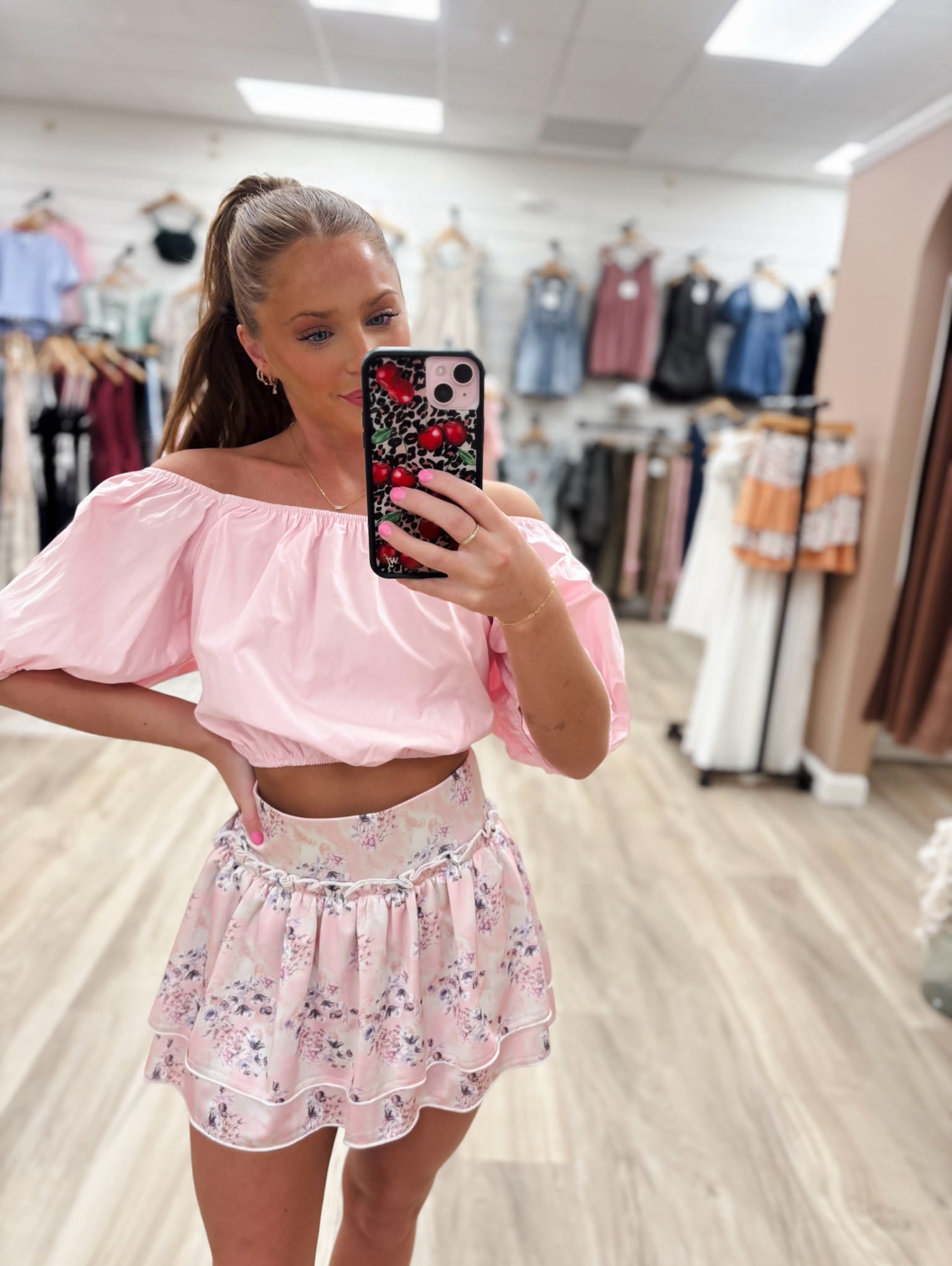 Puff Sleeve Back Tie Pink Crop Top