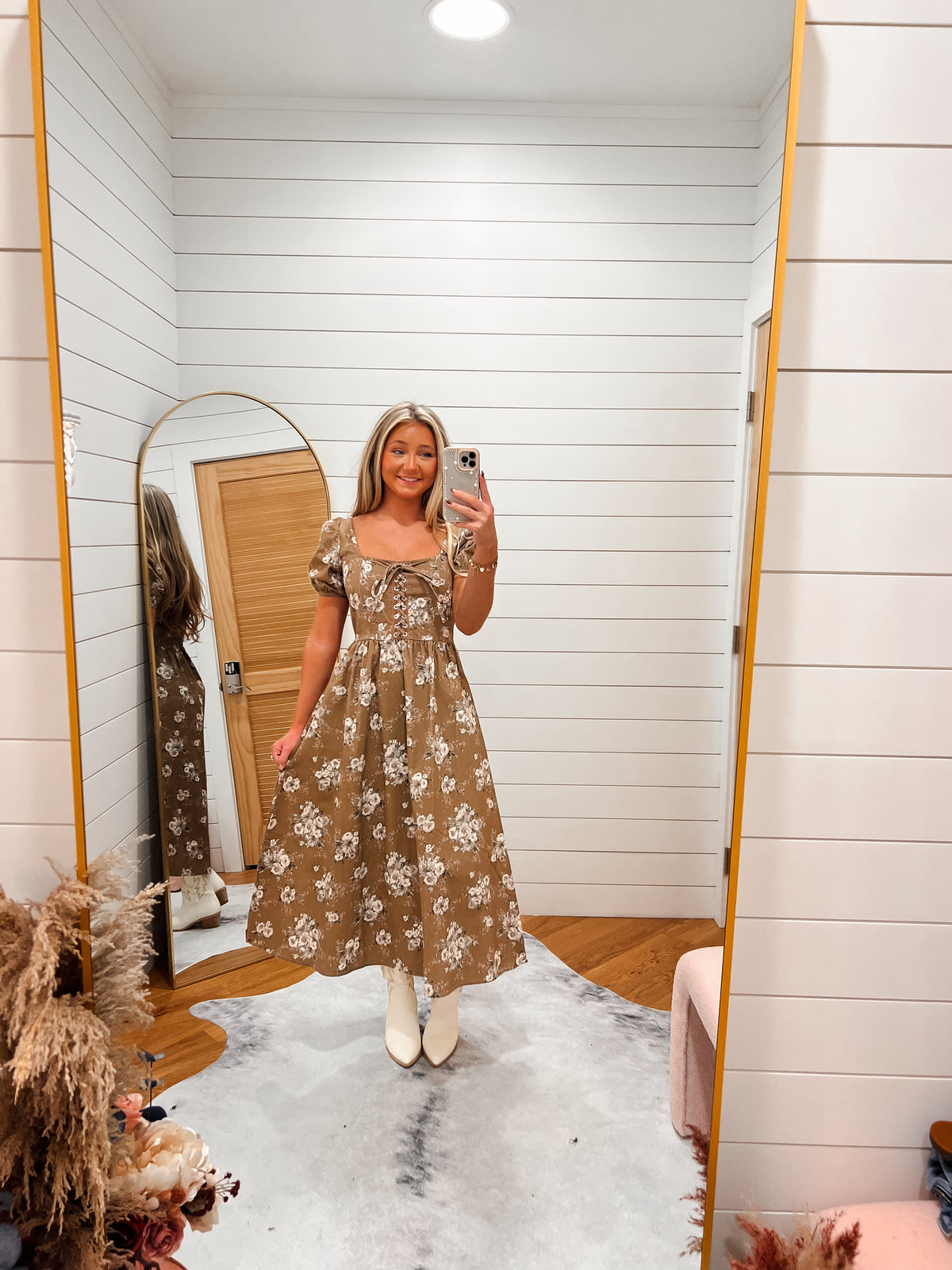 Light Brown Multi Floral Lace Up Puff Sleeve Midi Dress