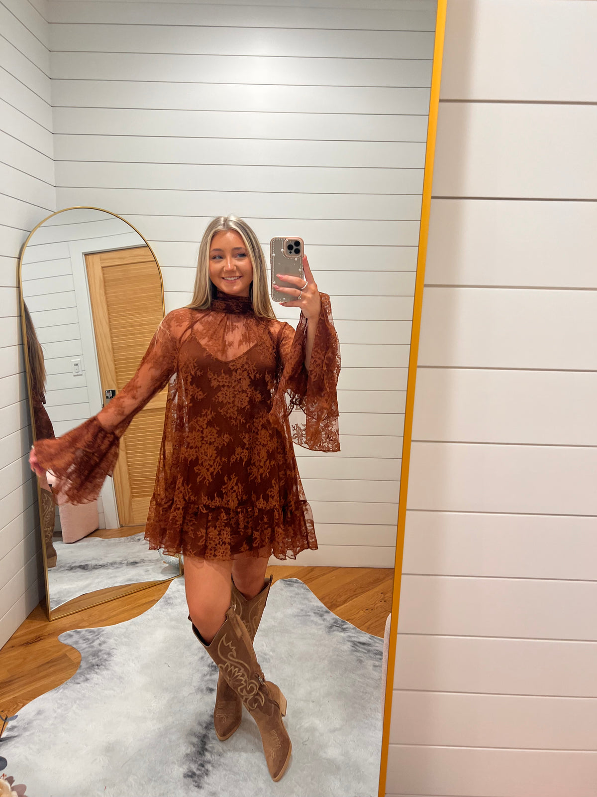 Mocha Floral Lace Bell Sleeve Dress