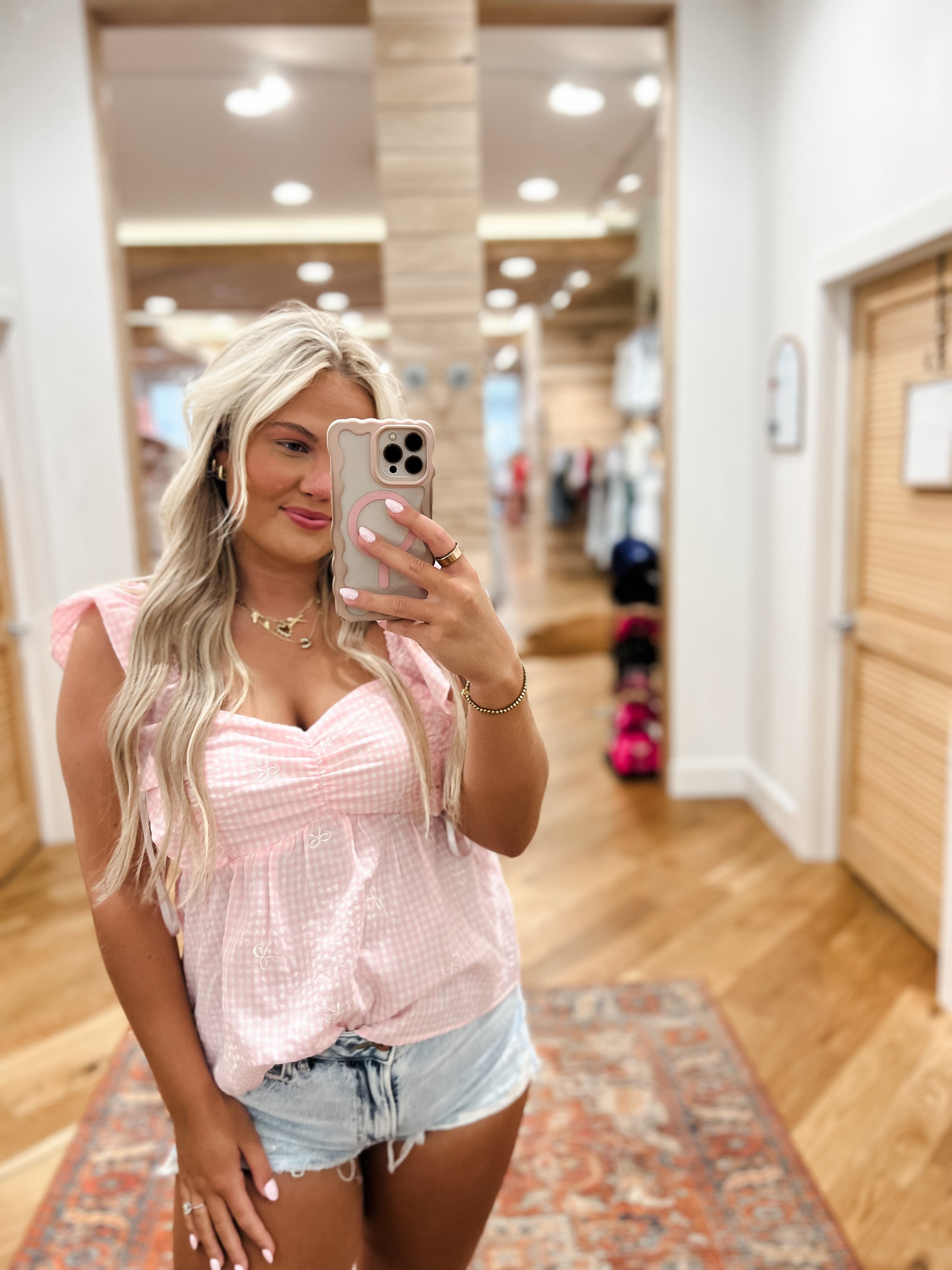 Charlotte Pink Check Bow Top