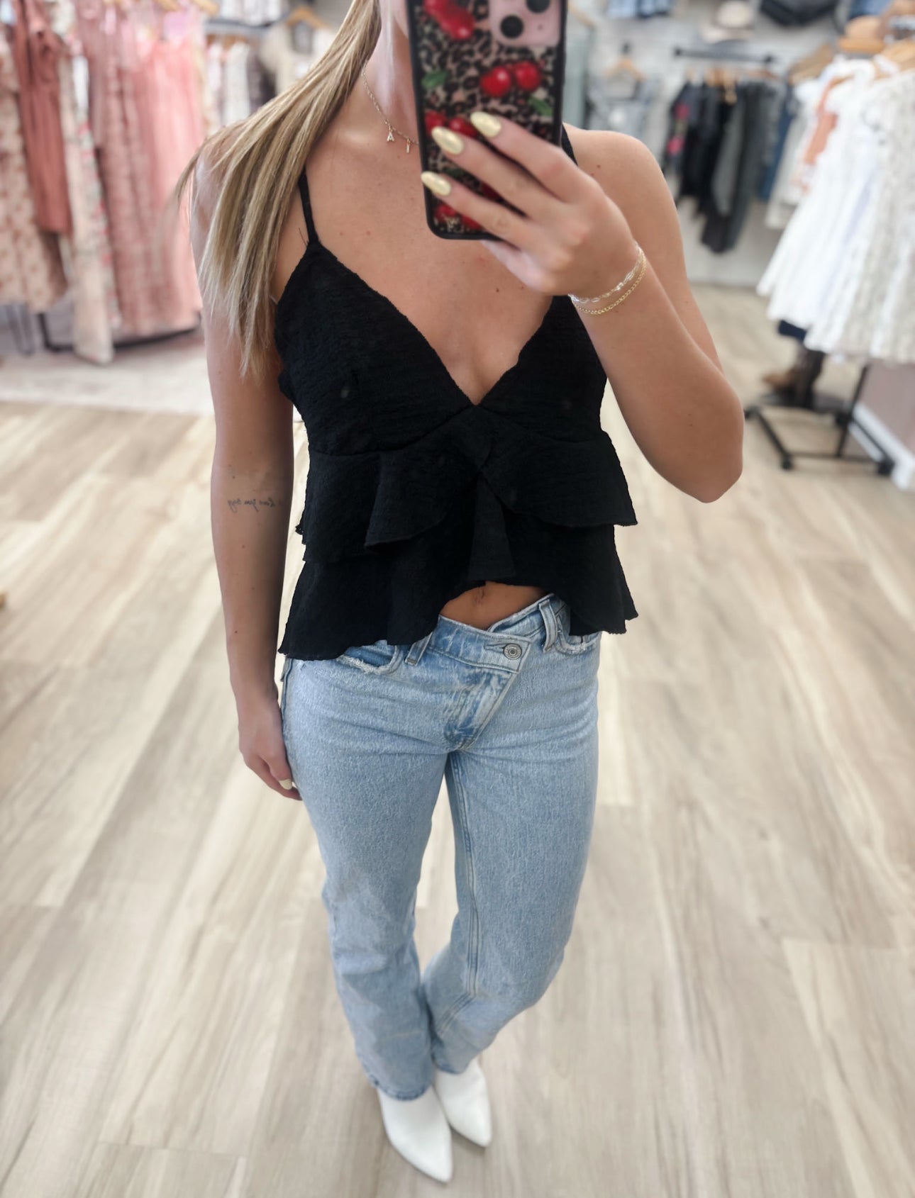 Chiffon Black Sleeveless Ruffled Cami Top