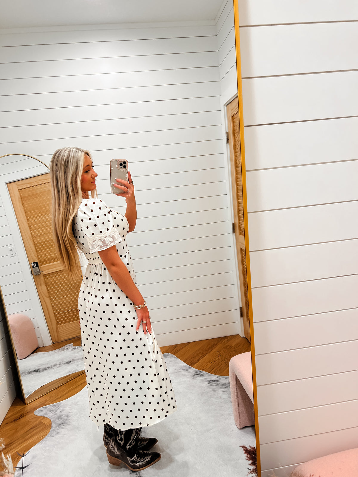 Champagne Polka Dot Lace Trim V-Neck Button Down Midi Dress