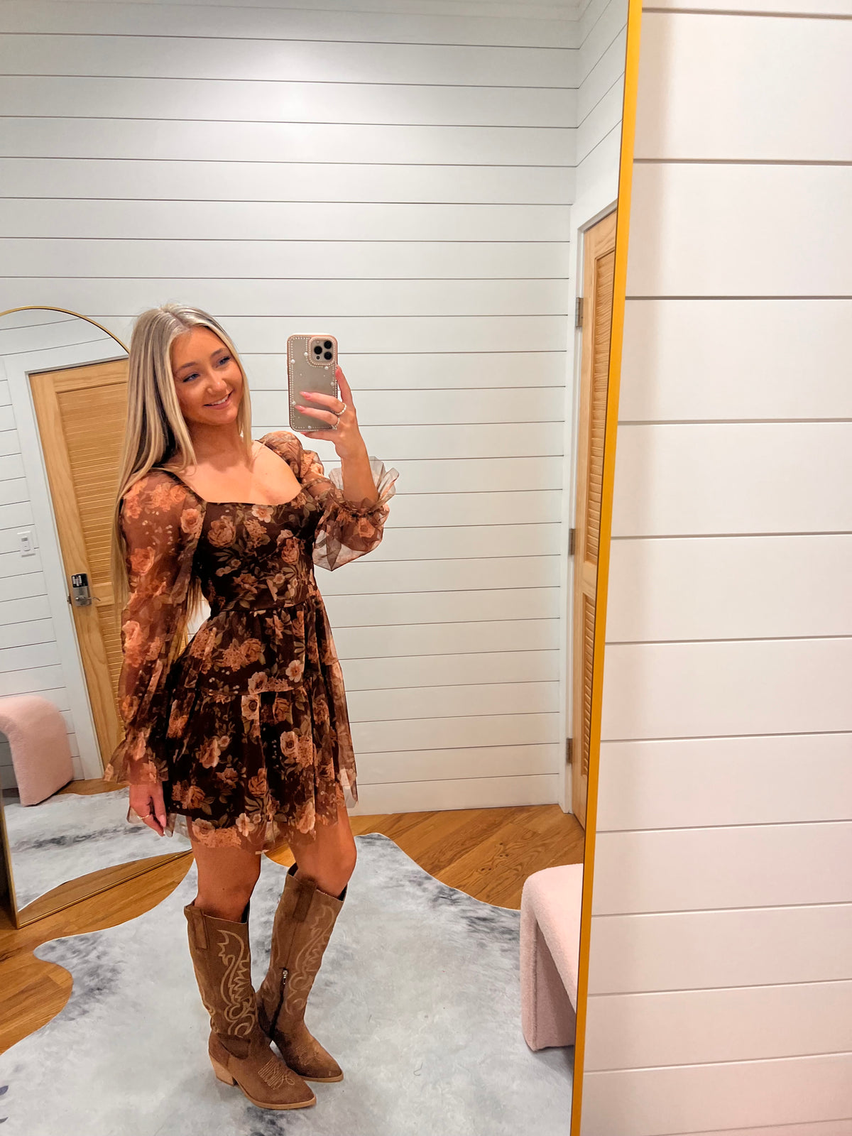 Brown Floral Chiffon Corset Mini Dress
