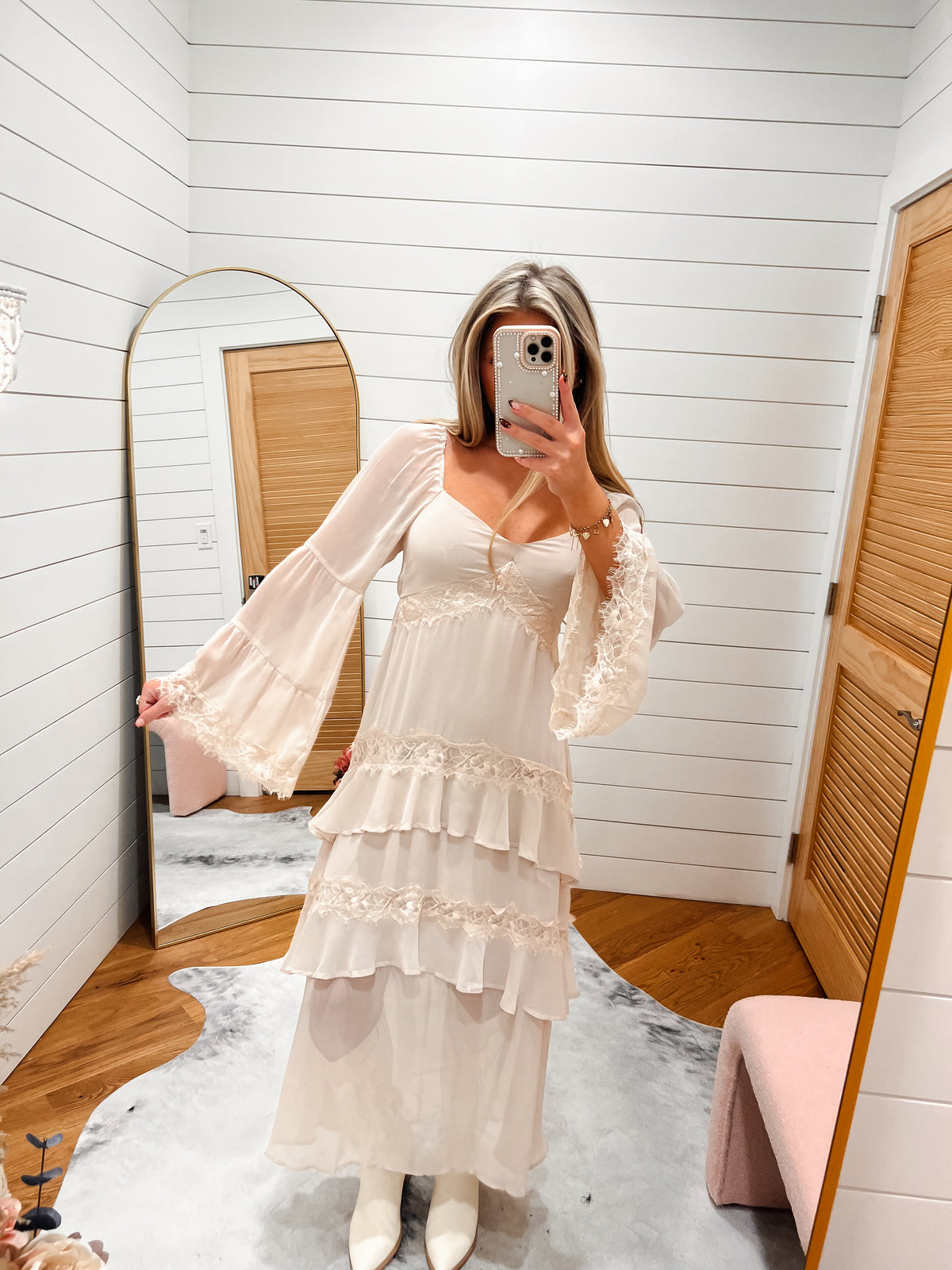 Forever Lace Ruffle Cream Midi Dress