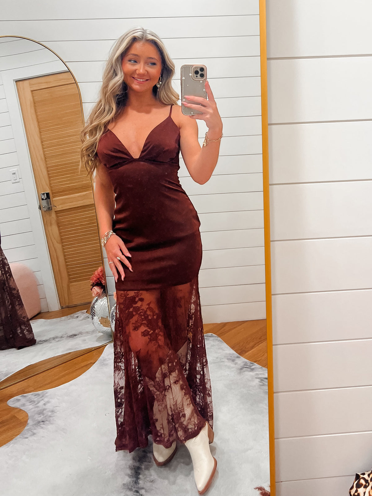 Brown Satin Midi Dress with Side Slit