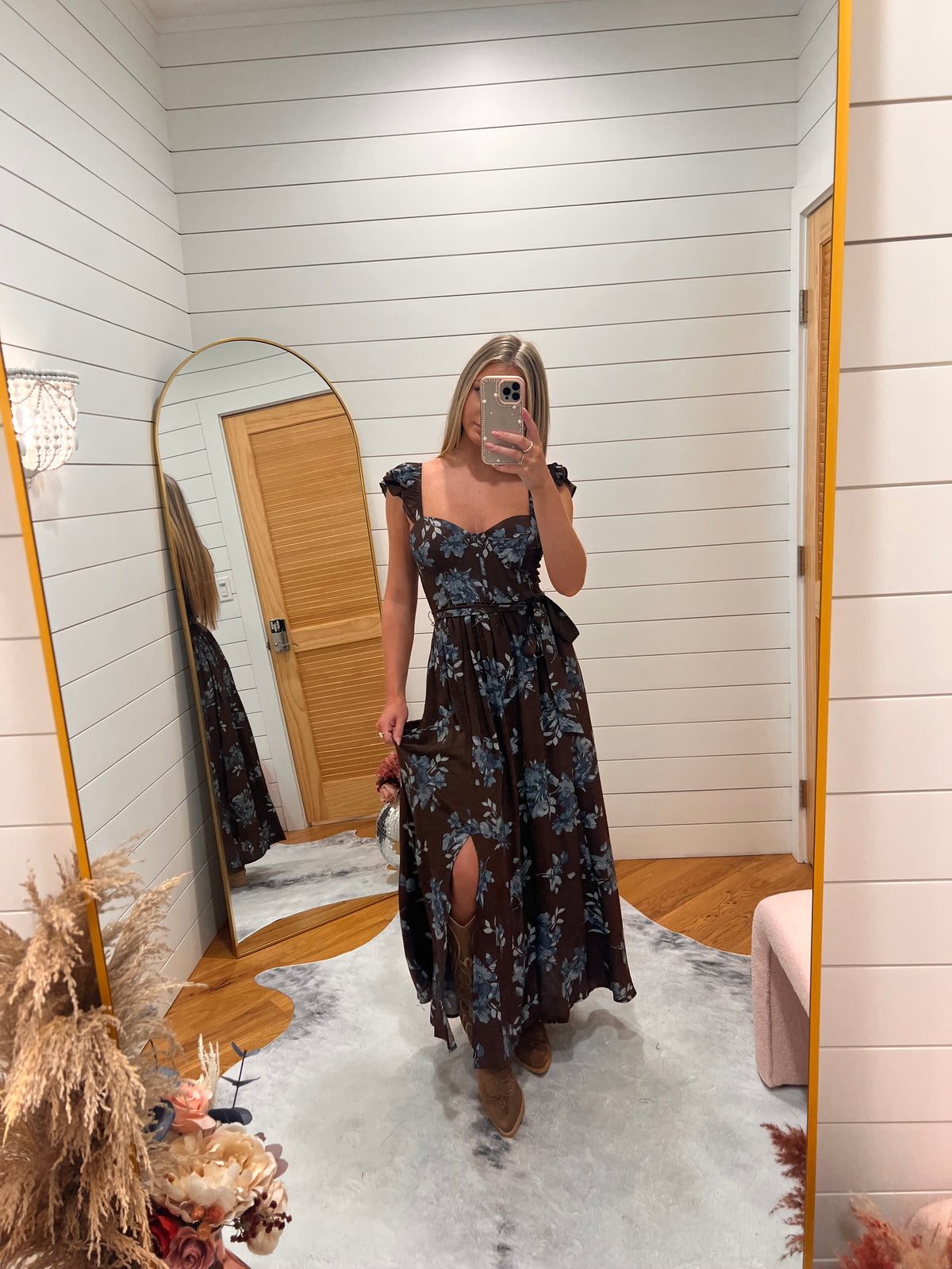Dark Brown Floral Ruffle Strap Sweetheart Corset Midi Dress