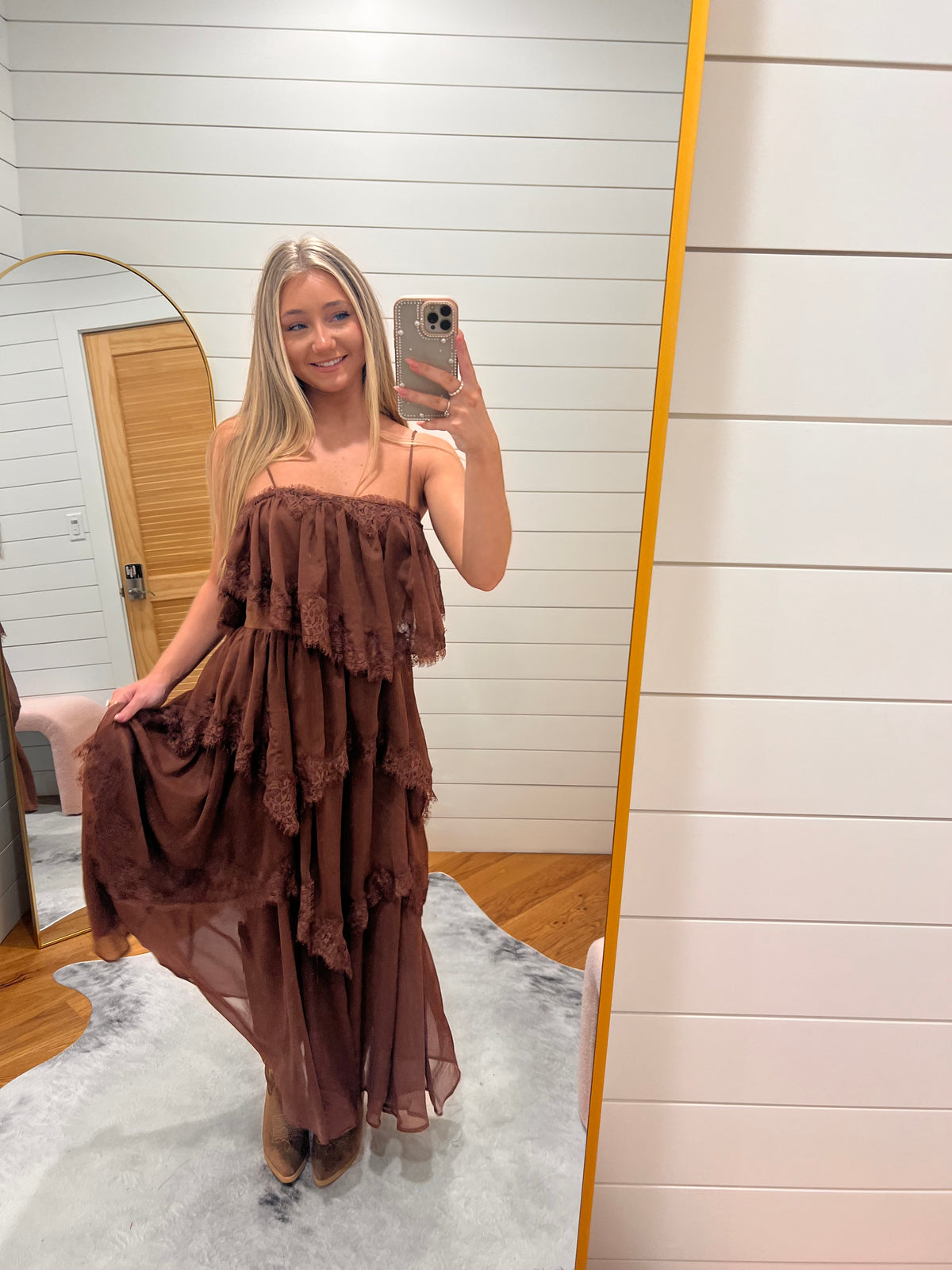 Brown Lace Trim Tiered Midi Dress
