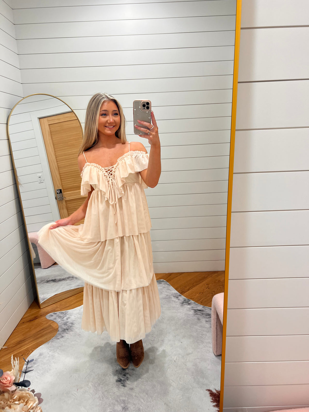 Cream Ruffle Lace-Up Tiered Midi Dress
