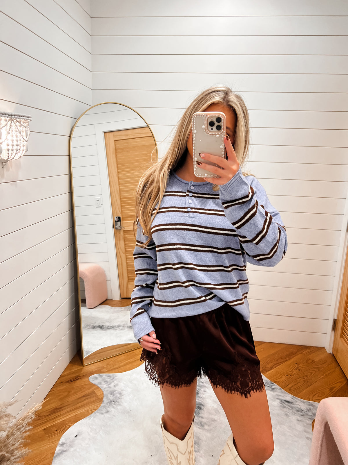Cozy Blue Stripe Button Knit Sweater