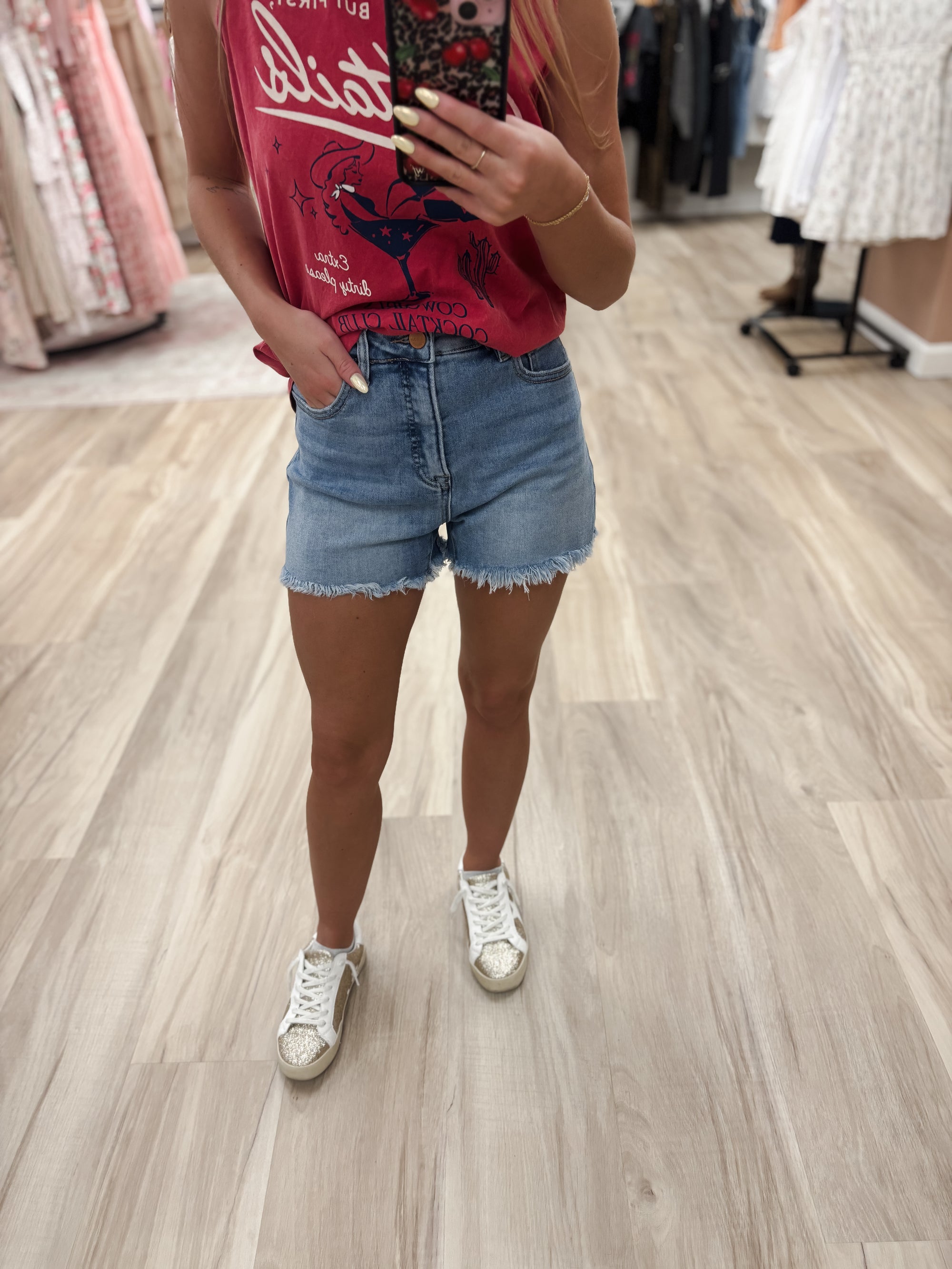 R High Rise Tummy Control Fray Hem Medium Denim Shorts
