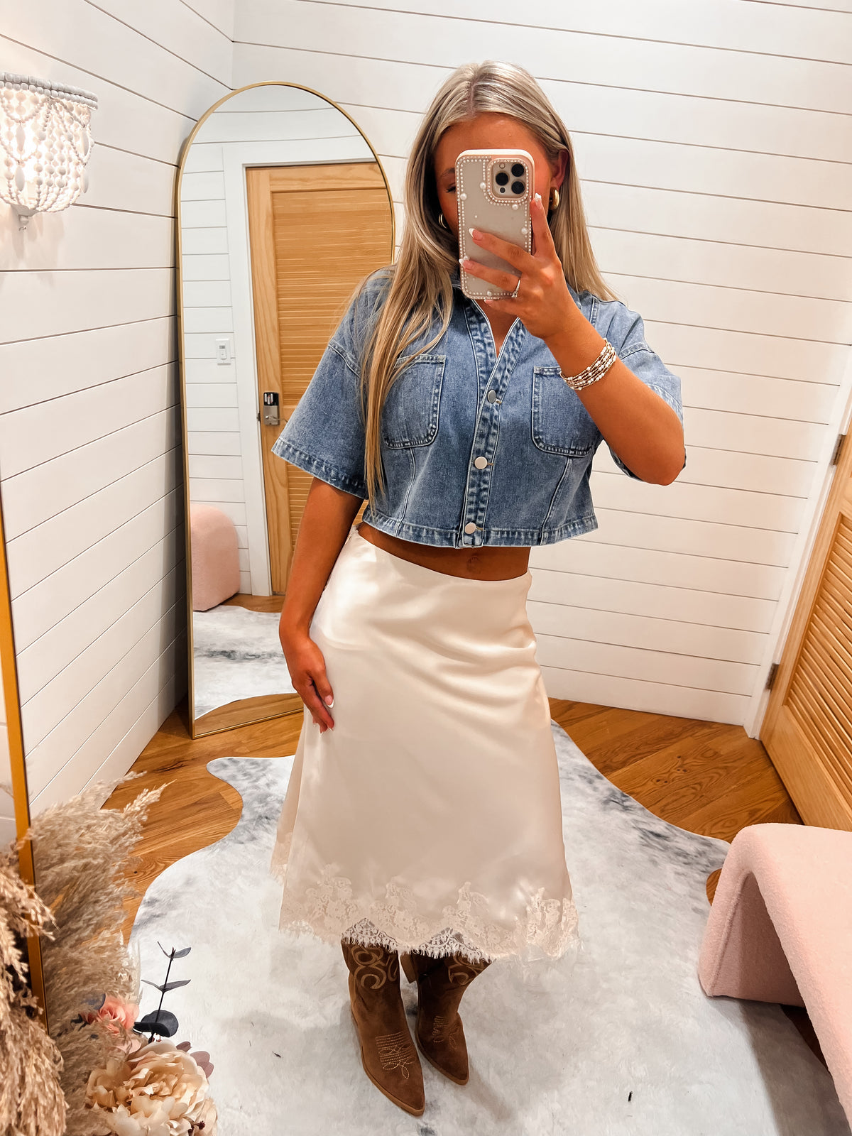 Rosalie Satin Cream Midi Skirt