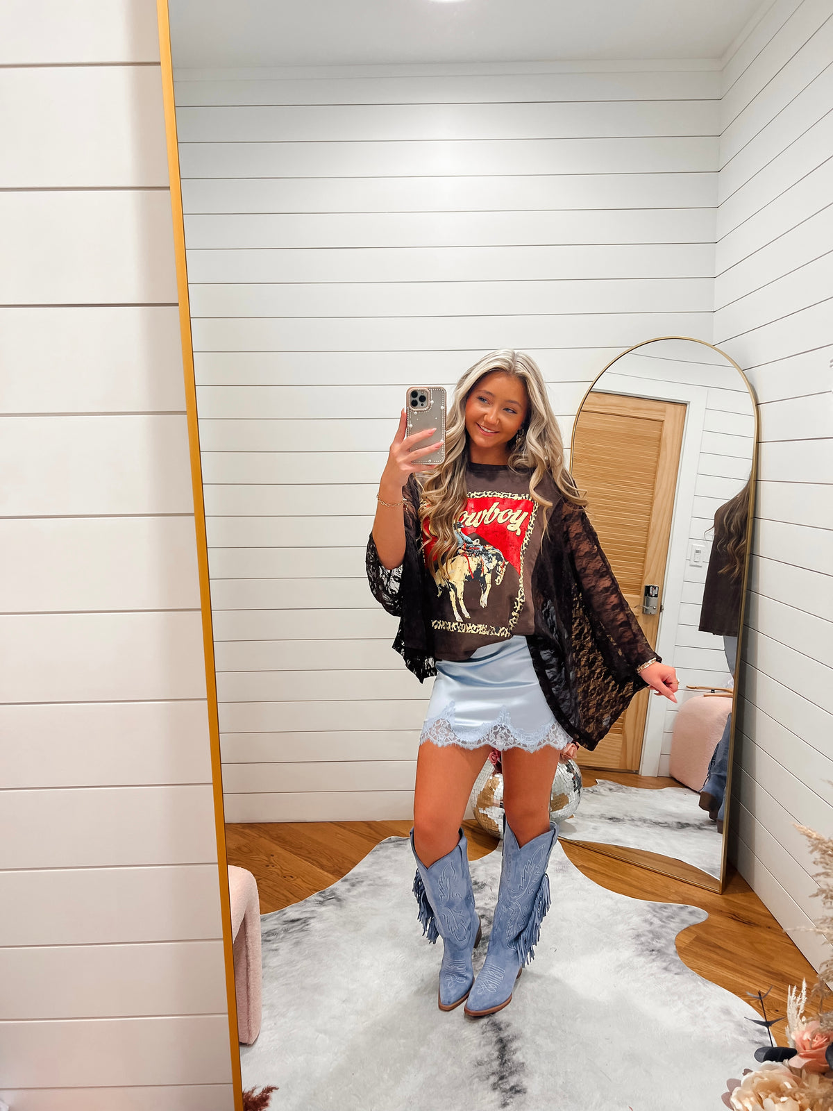 Brown Western Cowboy Leopard Lace Sleeve Graphic Tee