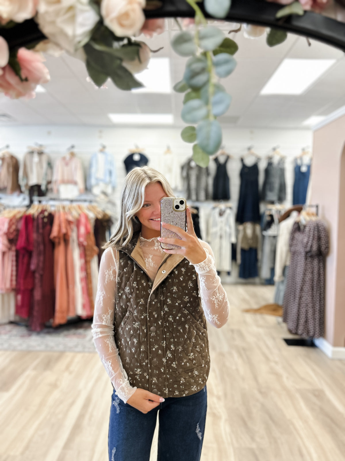 Millie Brown Floral Quilted Puffer Vest