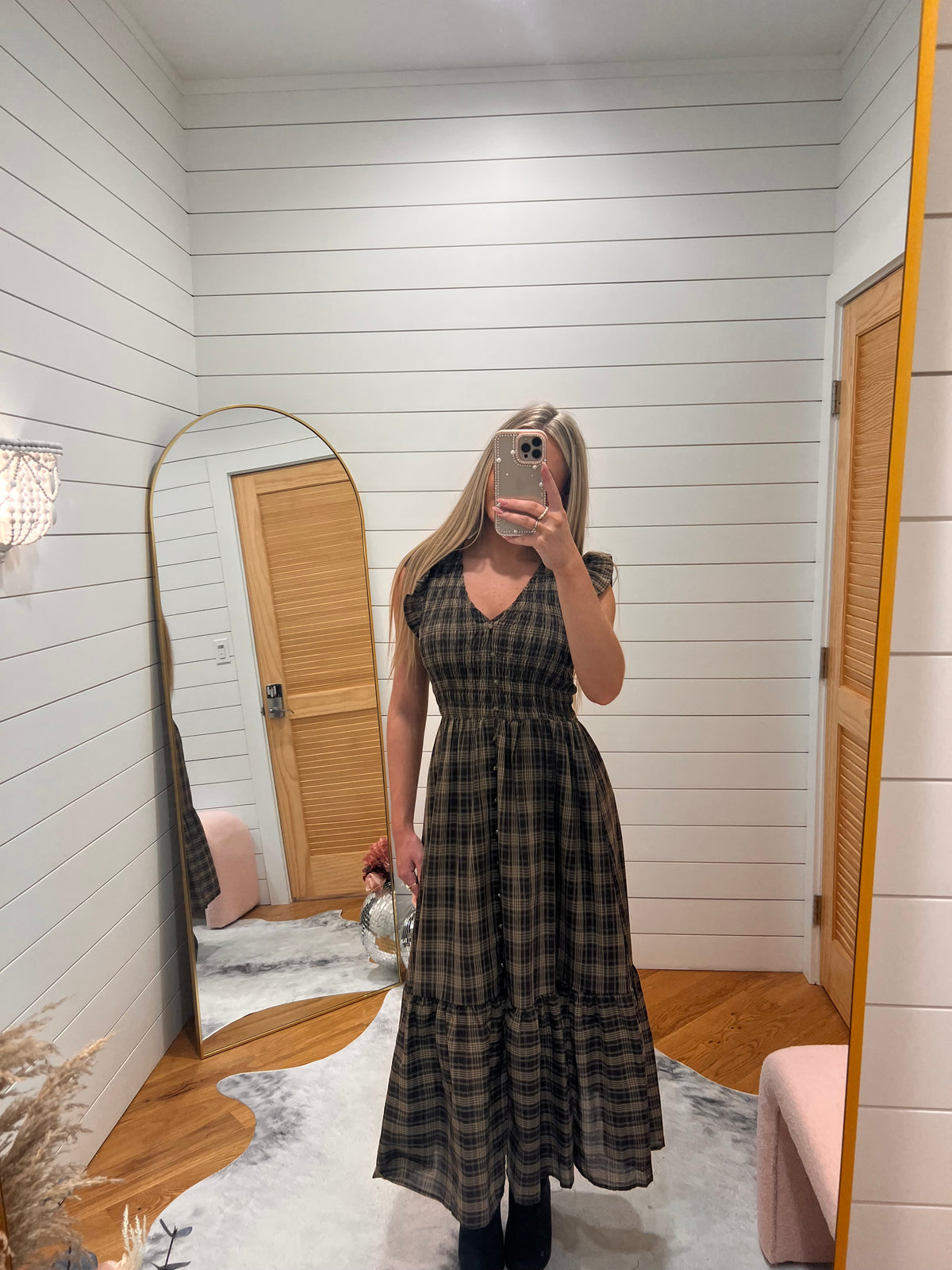 Brown Plaid Smocked Button Front Midi Dress