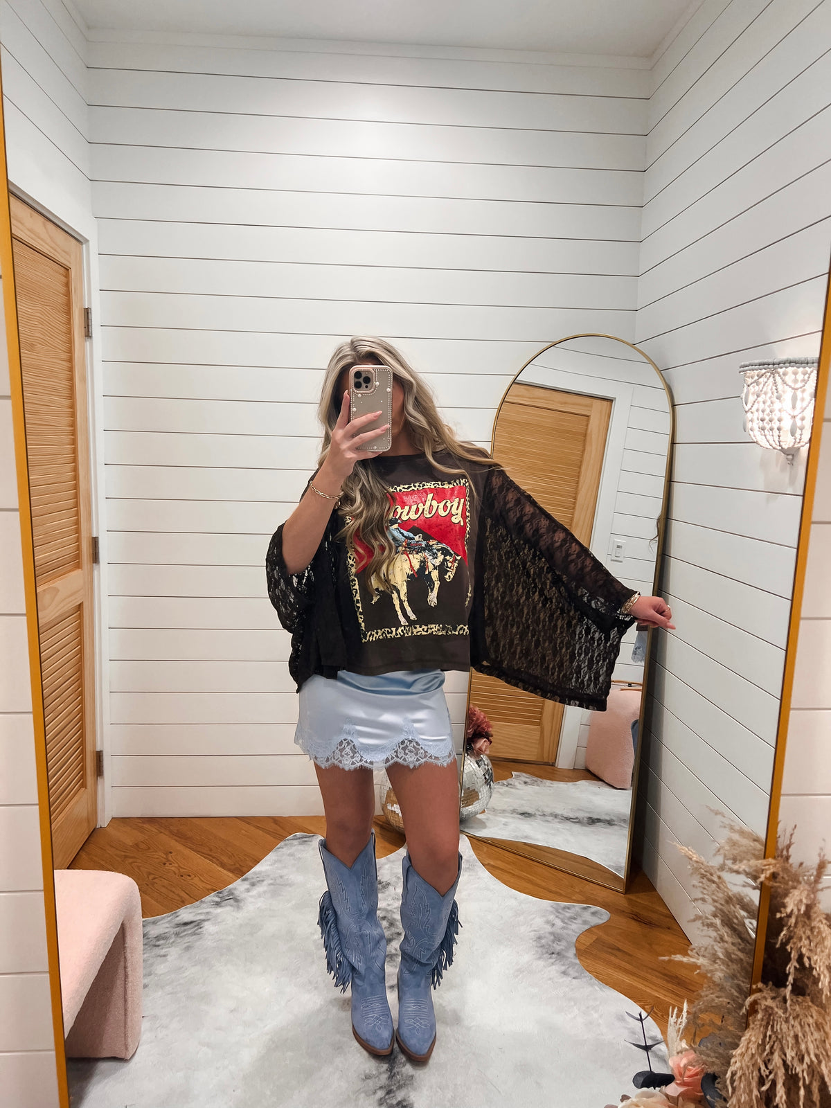 Brown Western Cowboy Leopard Lace Sleeve Graphic Tee