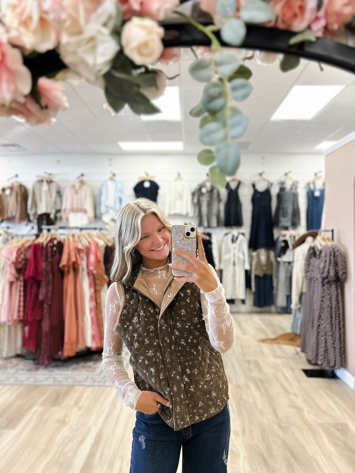 Millie Brown Floral Quilted Puffer Vest