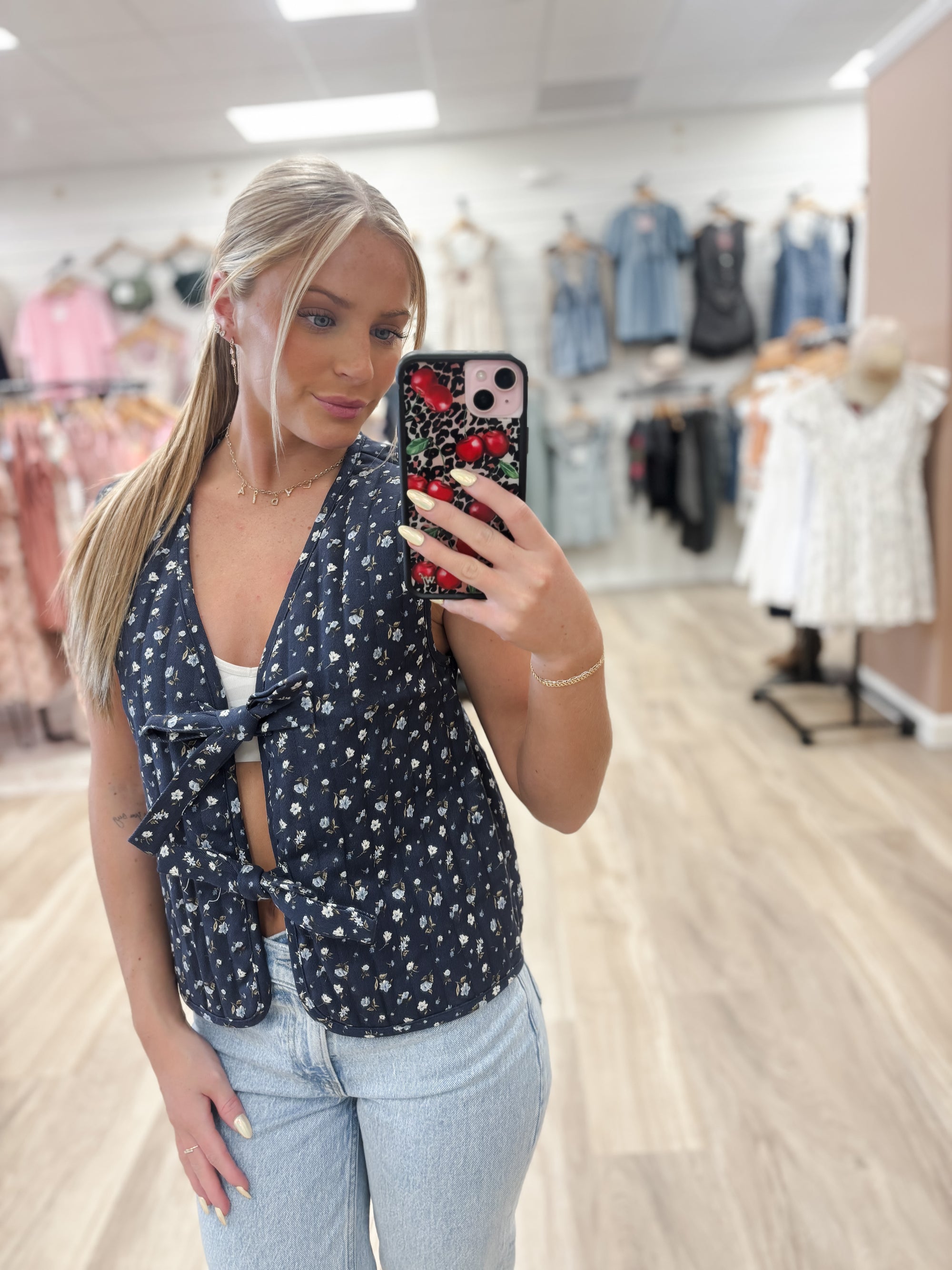 Bloom and Bow Navy Tie Top