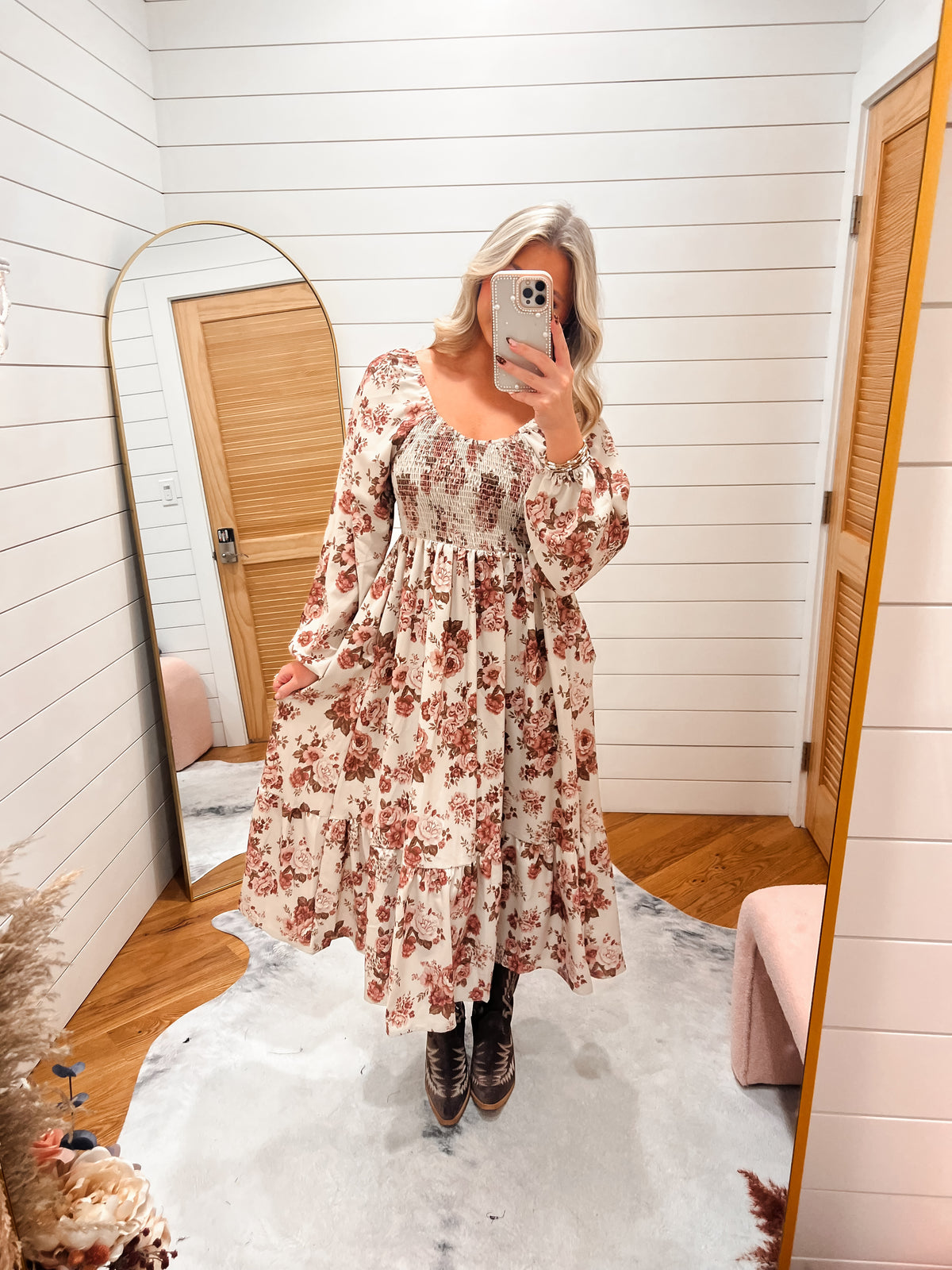Meadow Taupe Floral Smocked Midi Dress