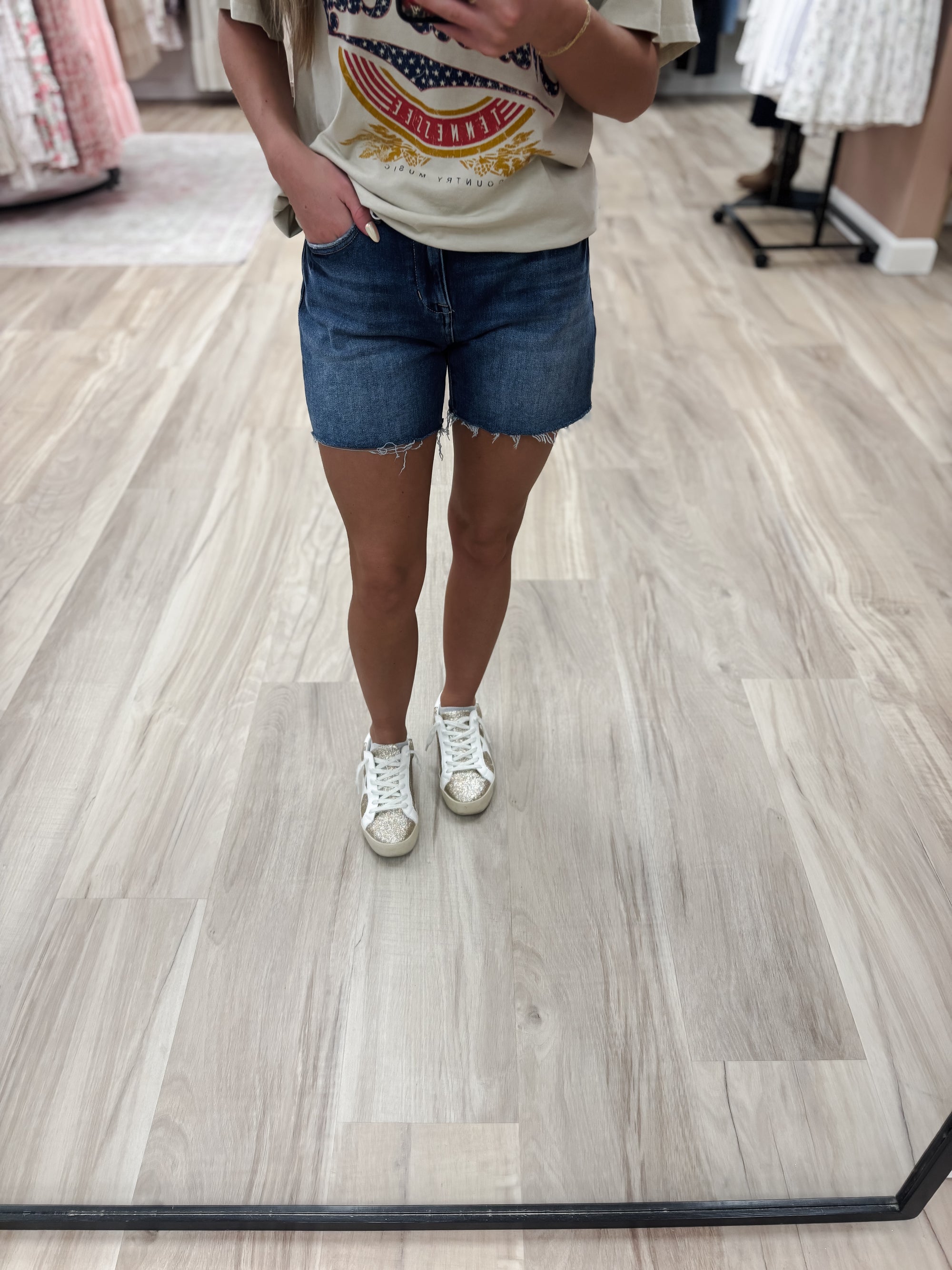 R Mid Rise Relaxed Fit Mid Length Dark Denim Shorts
