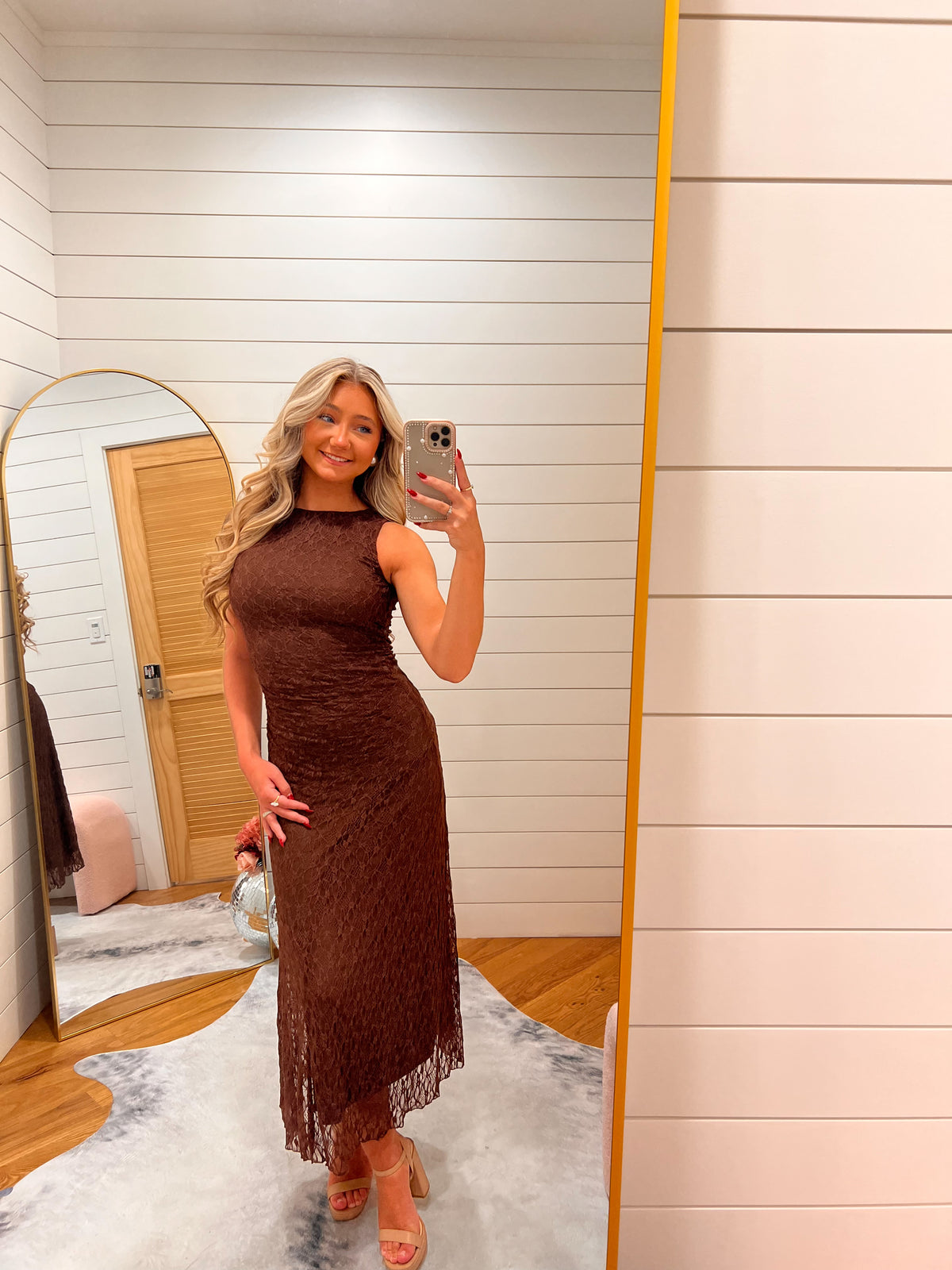Dark Brown Lace Ruched Tank Midi Dress