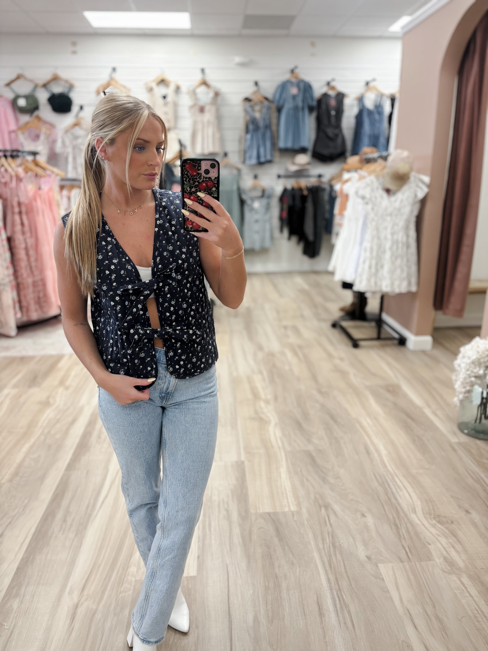 Bloom and Bow Navy Tie Top
