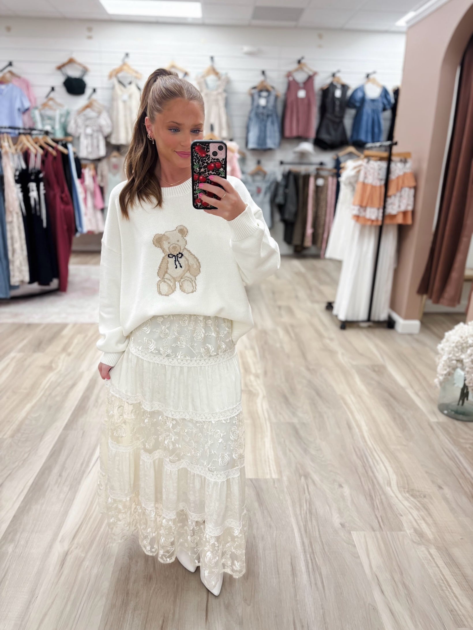 Floral Lace Tiered Cream Maxi Skirt