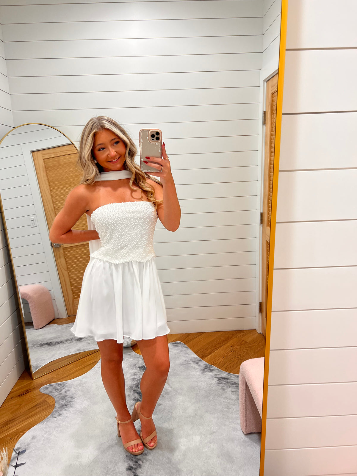 White Beaded Strapless Tulle Mini Dress with Scarf