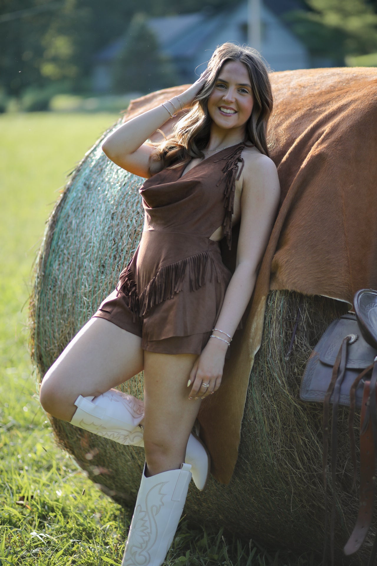 Camel Vegan Suede Fringe Halter Romper
