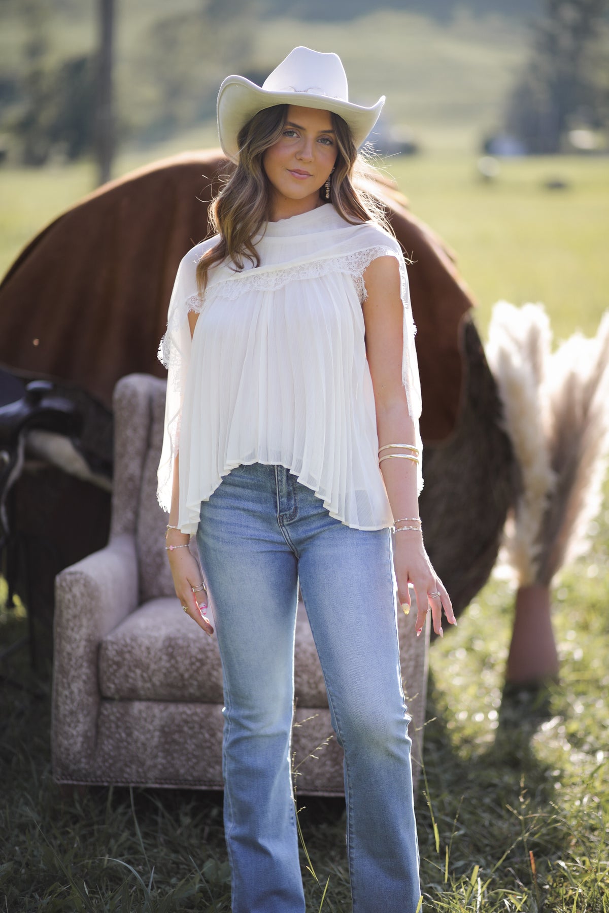 Ivory Pleated Lace Cape Top