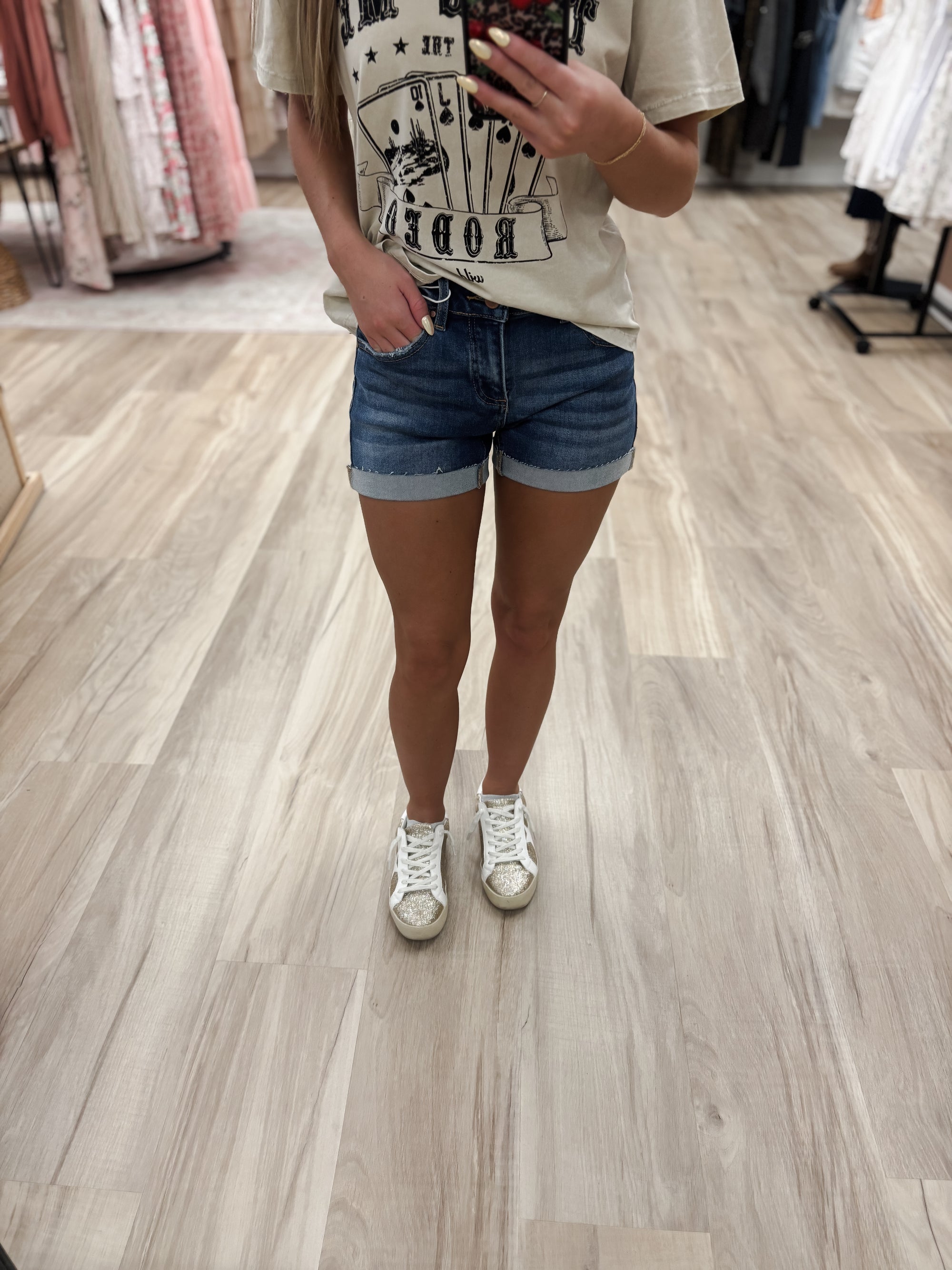 R Low Rise Cuffed Dark Denim Shorts