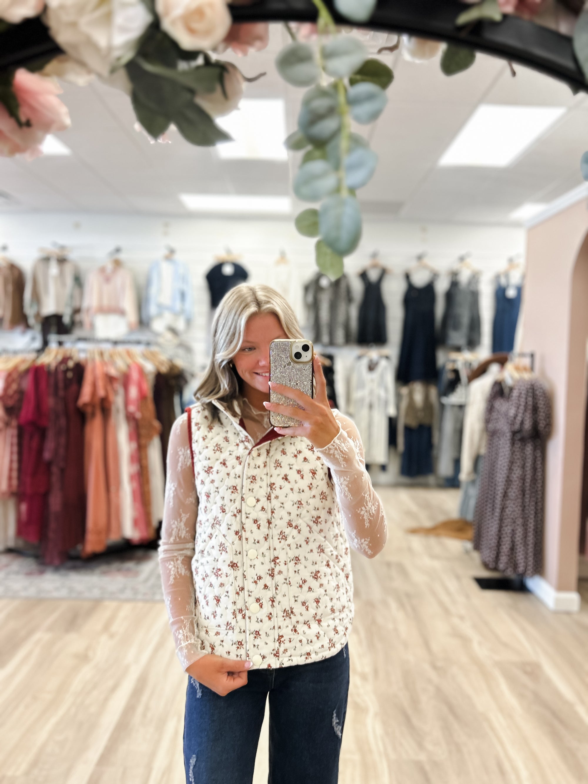 Millie Cream Floral Quilted Puffer Vest