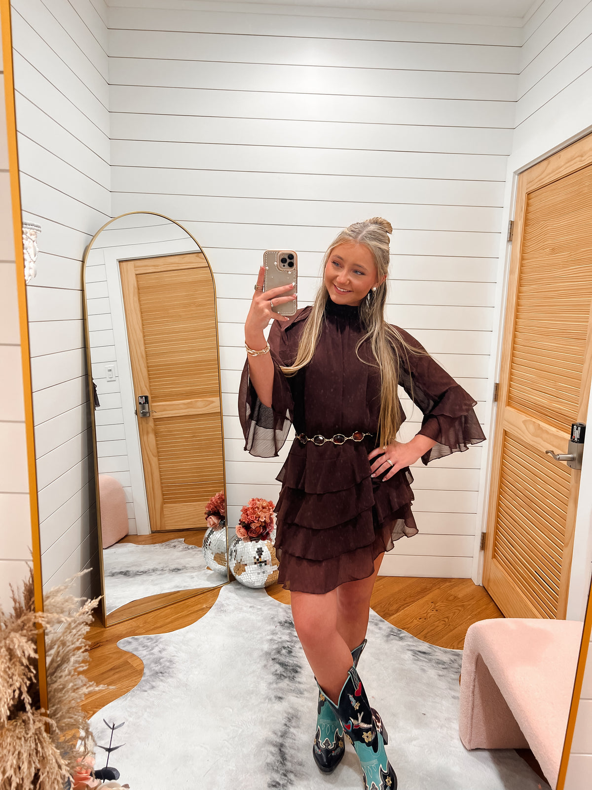 Brown Ruffle Chiffon Mini Dress