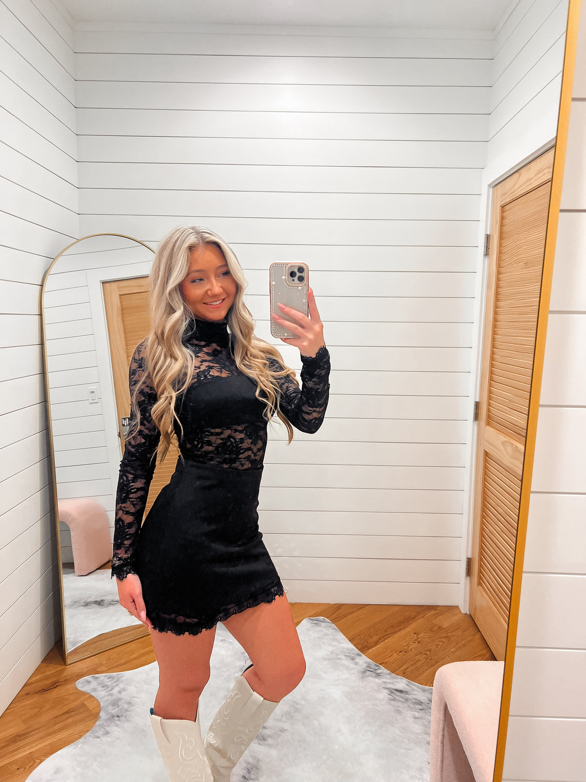 Black Lace Mock Neck Mini Dress