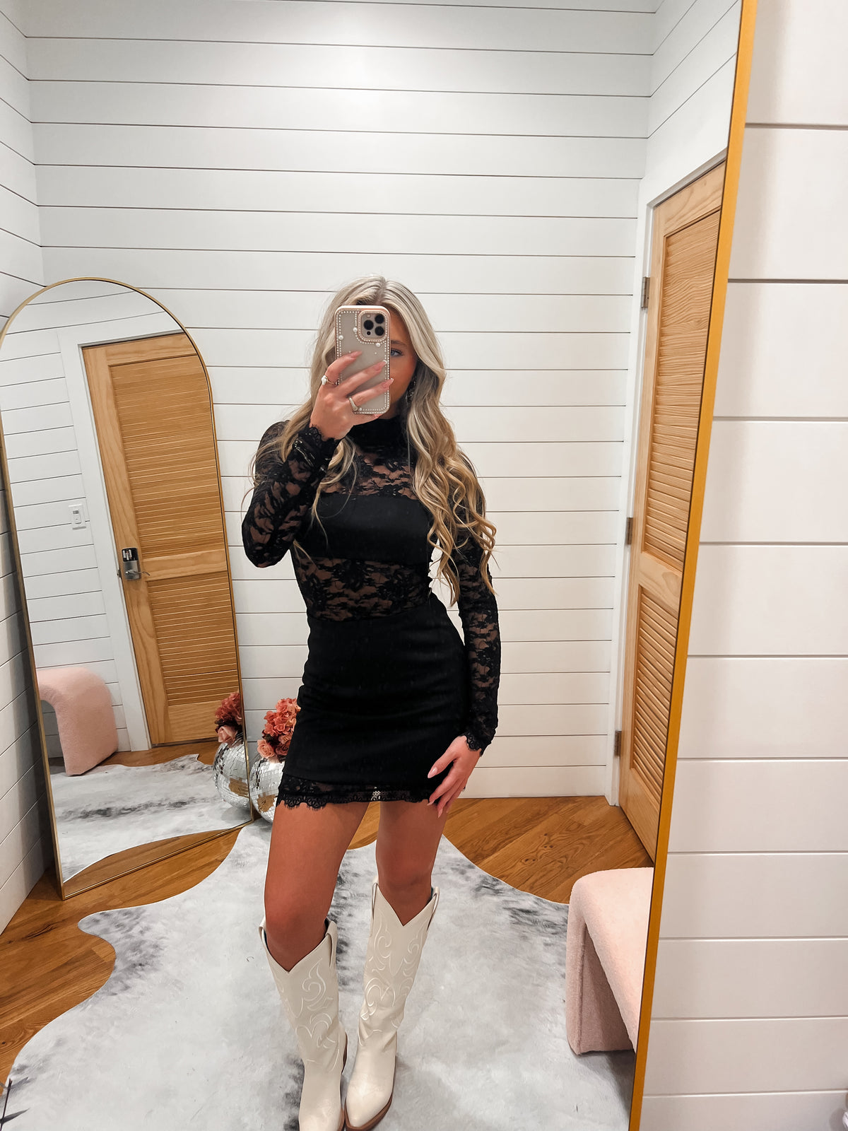 Black Lace Mock Neck Mini Dress