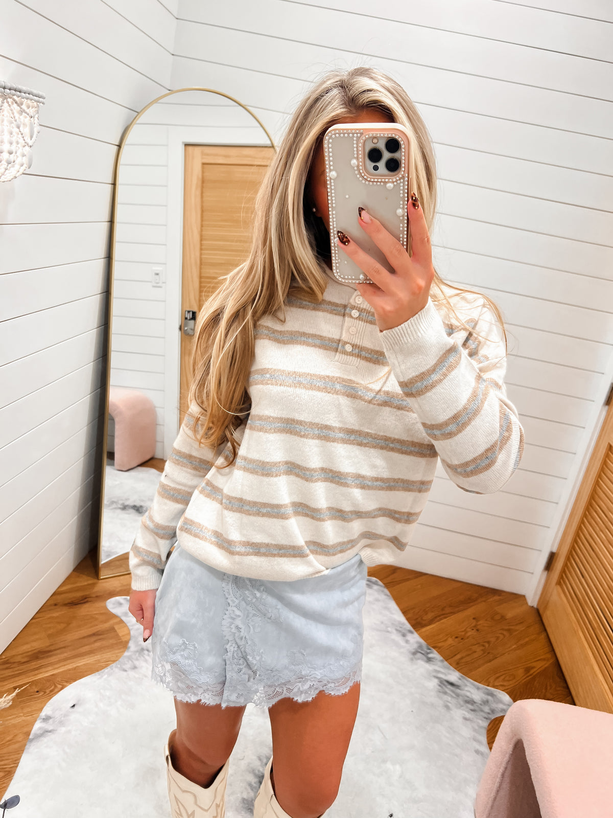 Cozy Oatmeal Stripe Button Knit Sweater