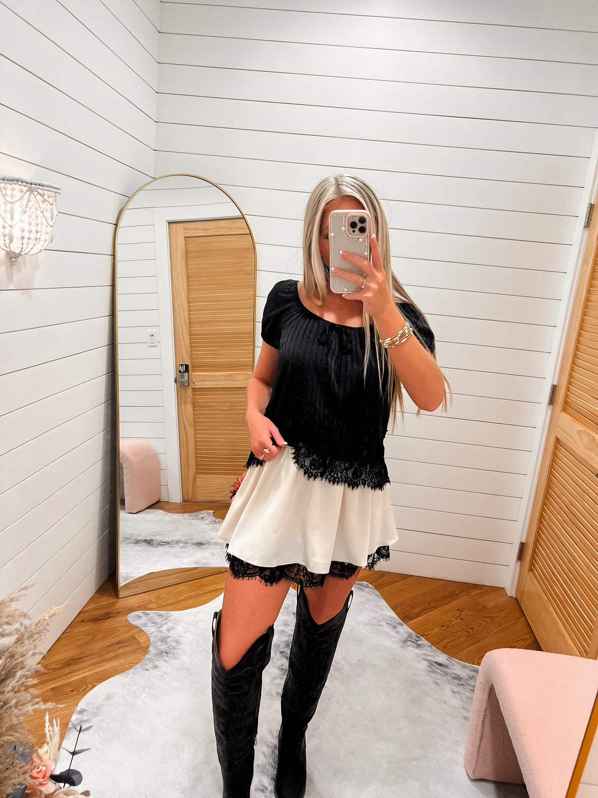 Cream Black Layered Lace Mini Skirt