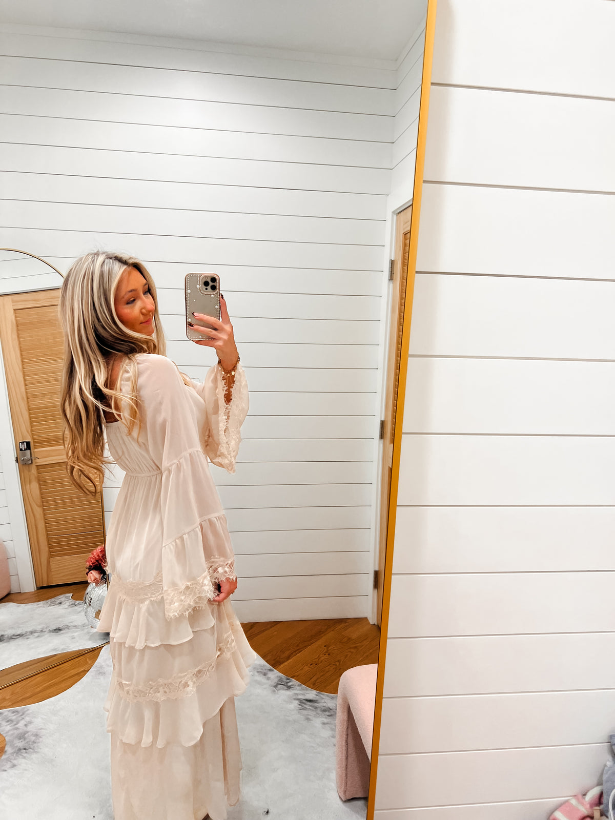 Forever Lace Ruffle Cream Midi Dress