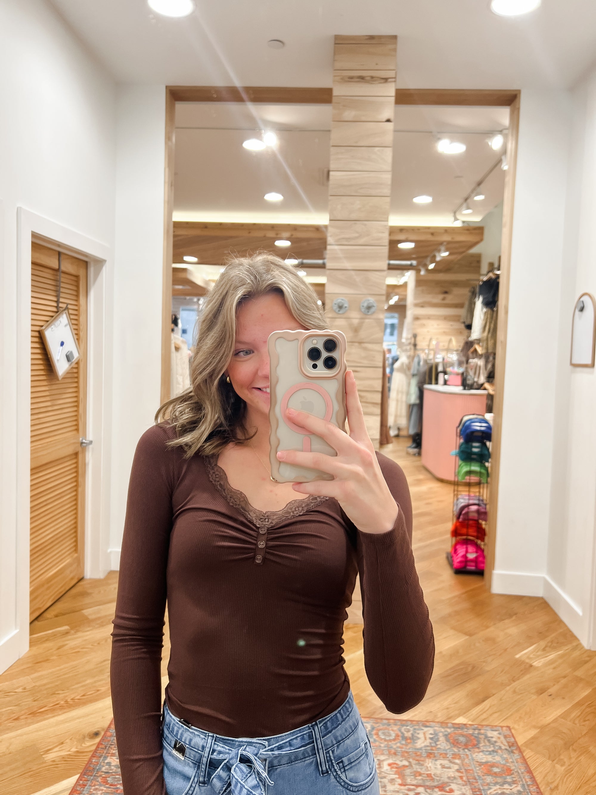 Brooke Mocha Lace Trim Knit Top