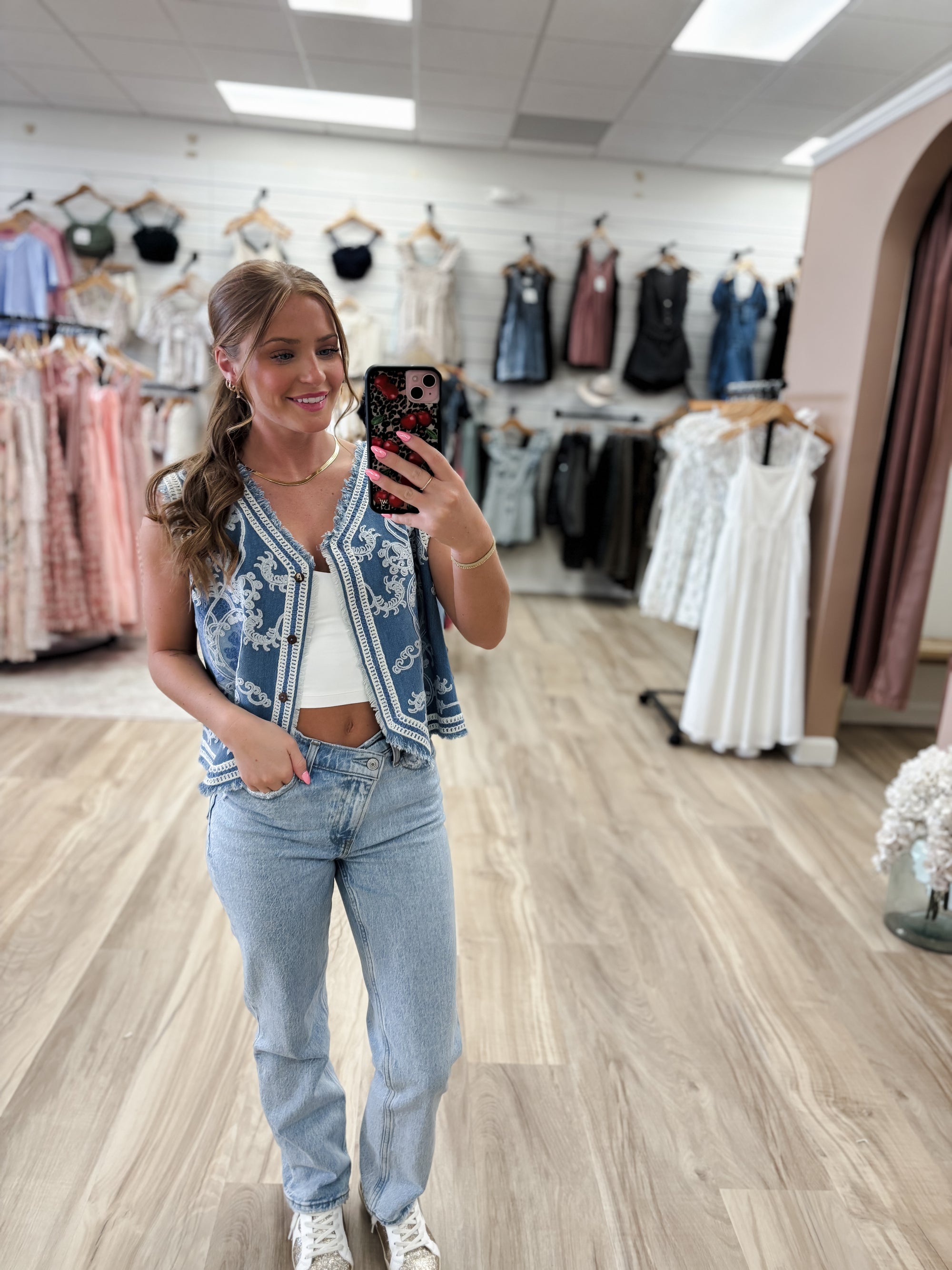 Western Indigo Denim Embroidered Vest