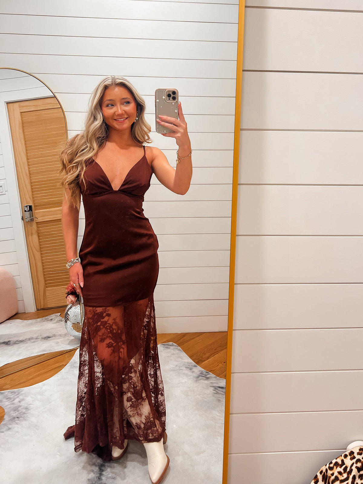 Brown Satin Midi Dress with Side Slit