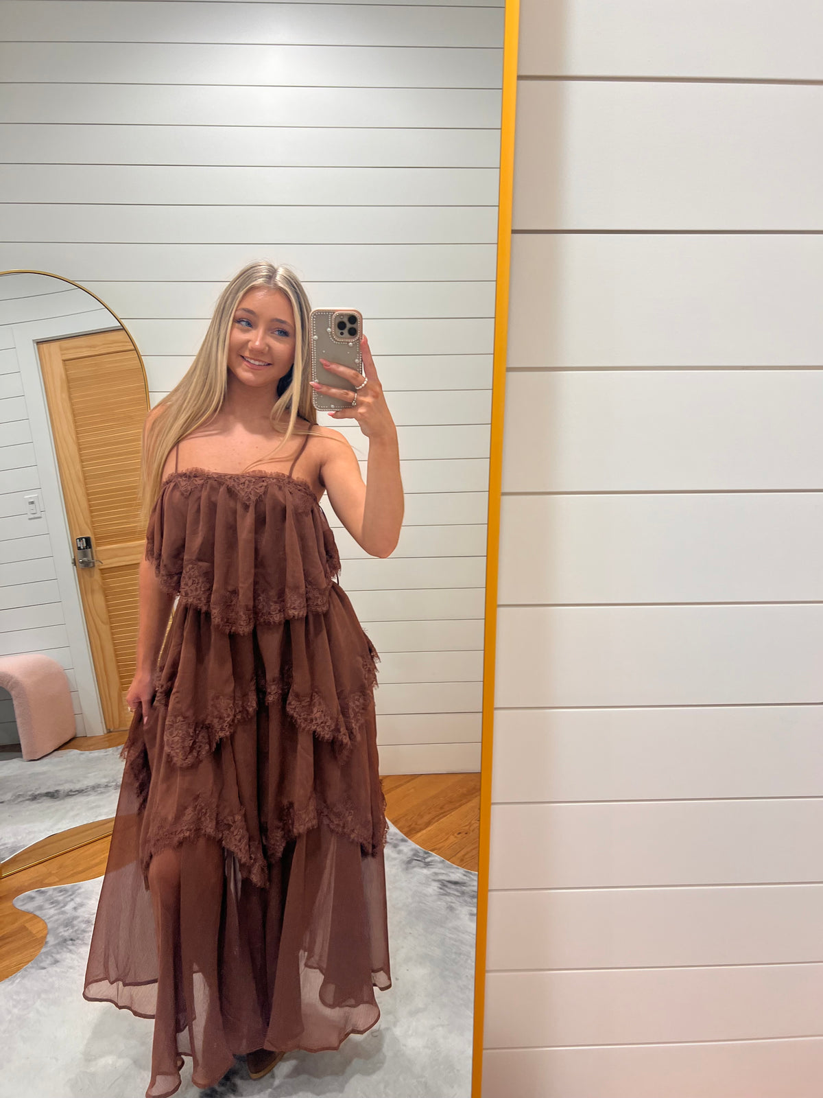 Brown Lace Trim Tiered Midi Dress