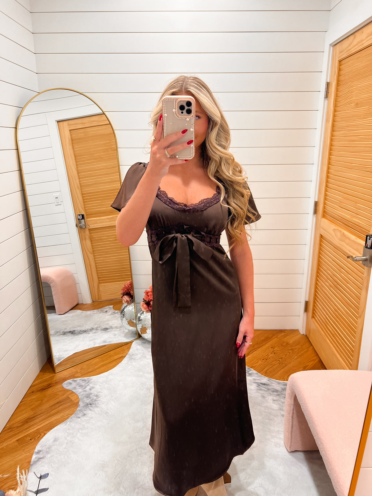 Brown Lace Trim Bow Tie Midi Dress