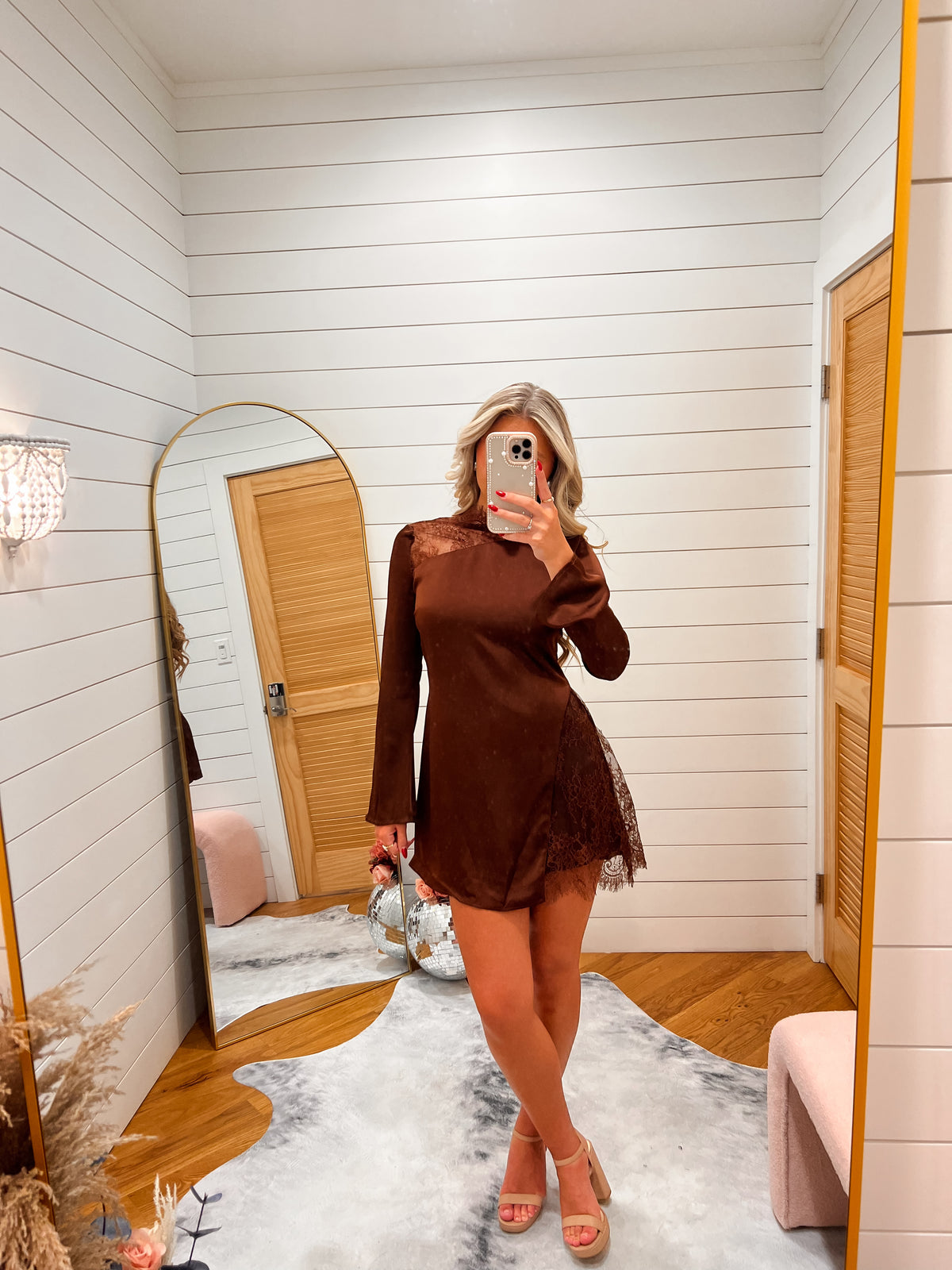 Brown Lace Detail Mini Dress