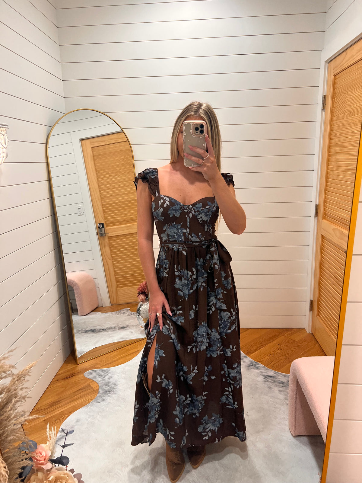 Dark Brown Floral Ruffle Strap Sweetheart Corset Midi Dress