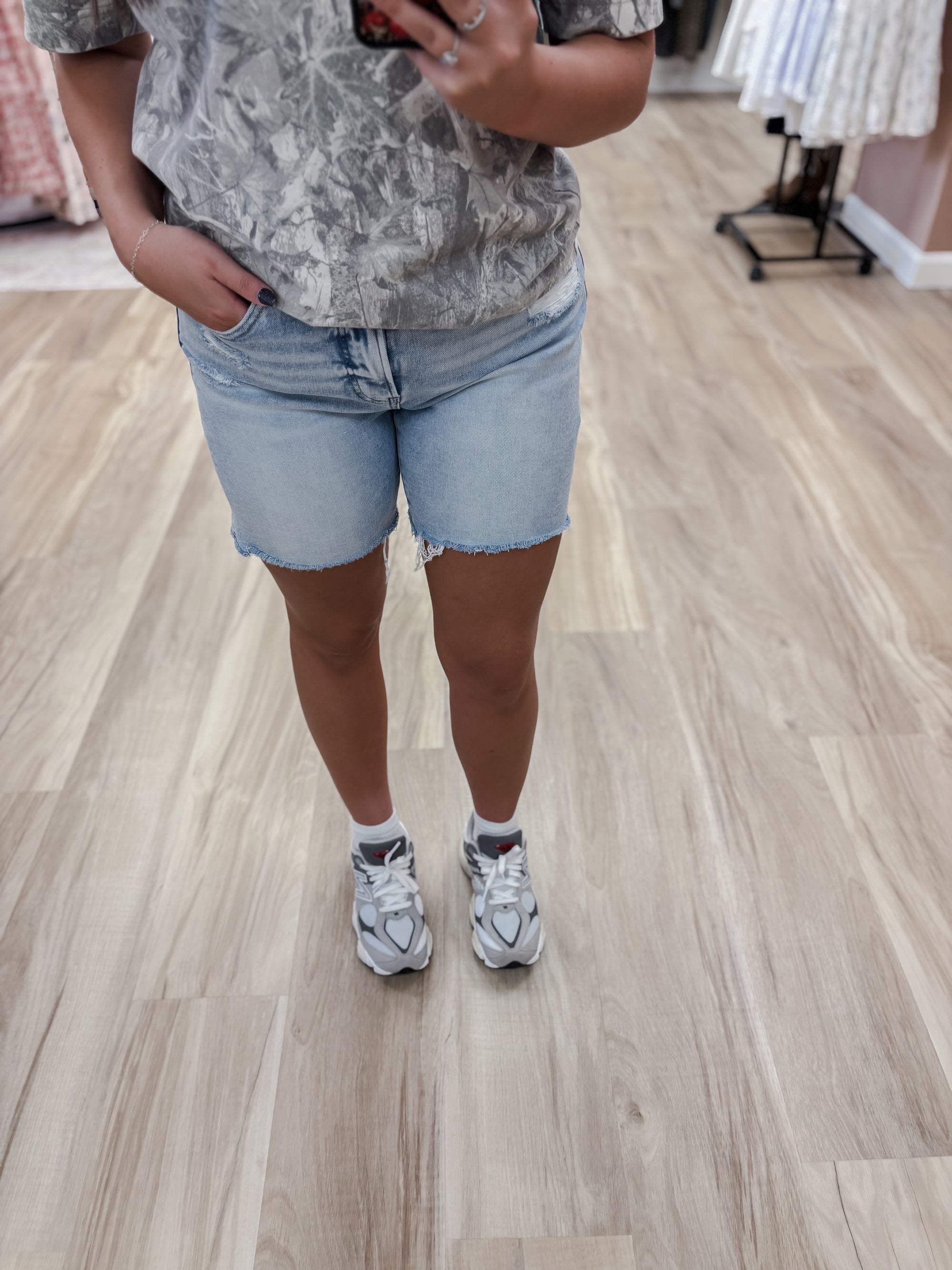 R High Rise Tummy Control High Rise Loose Fit Mid Length Light Denim Shorts
