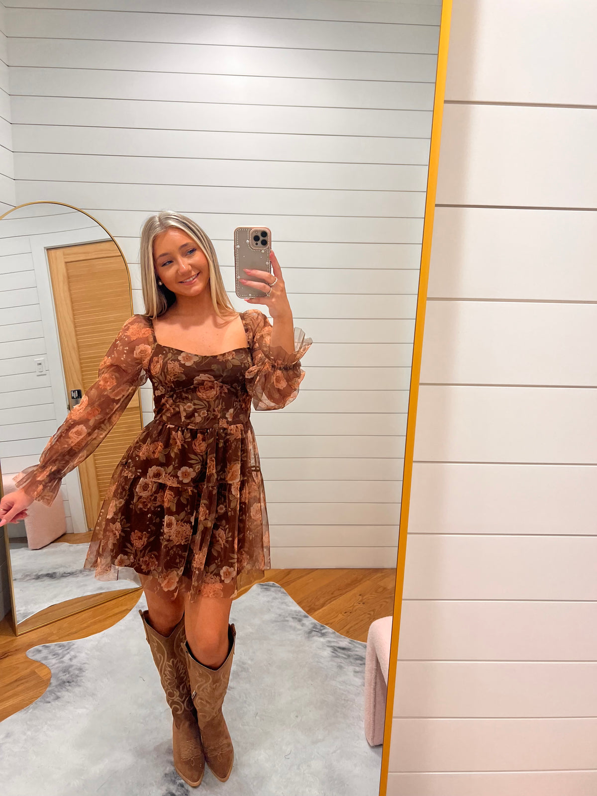 Brown Floral Chiffon Corset Mini Dress