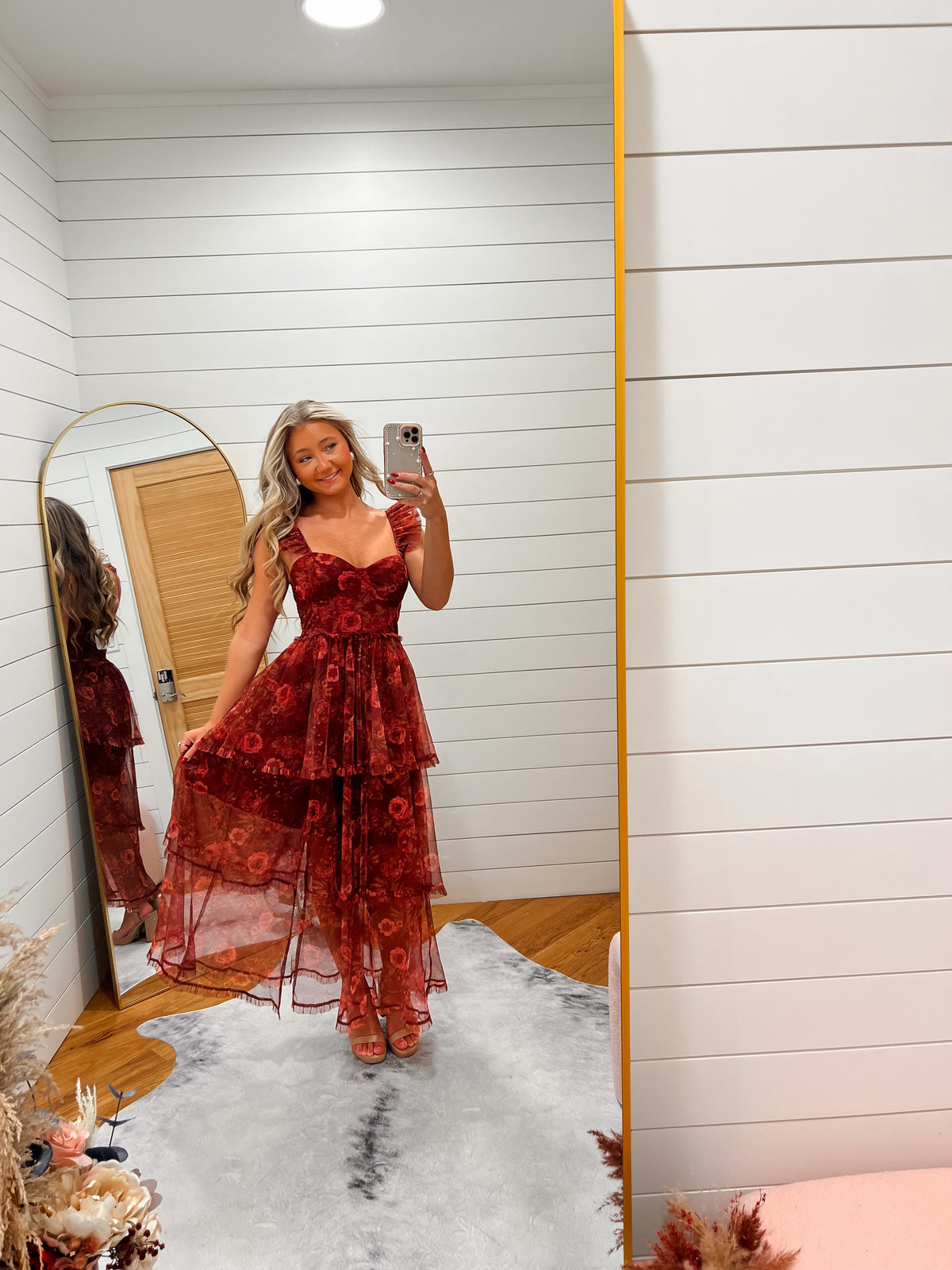 Burgundy Blossom Corset Ruffle Midi Dress