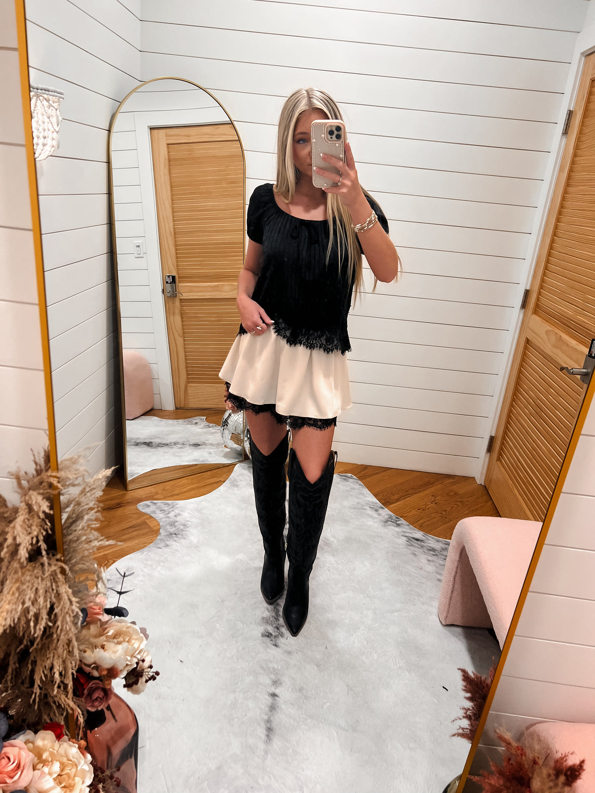 Cream Black Layered Lace Mini Skirt