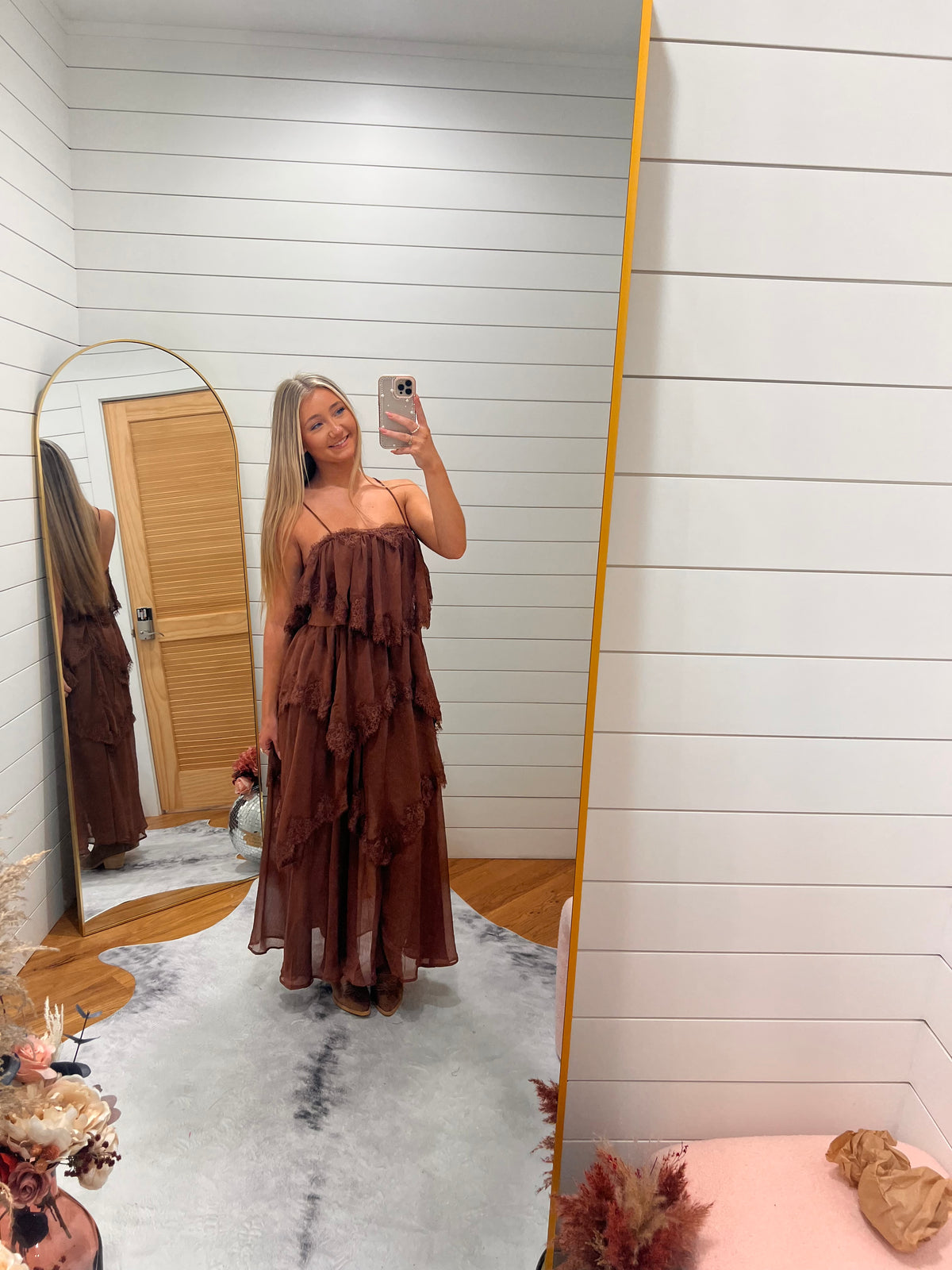 Brown Lace Trim Tiered Midi Dress
