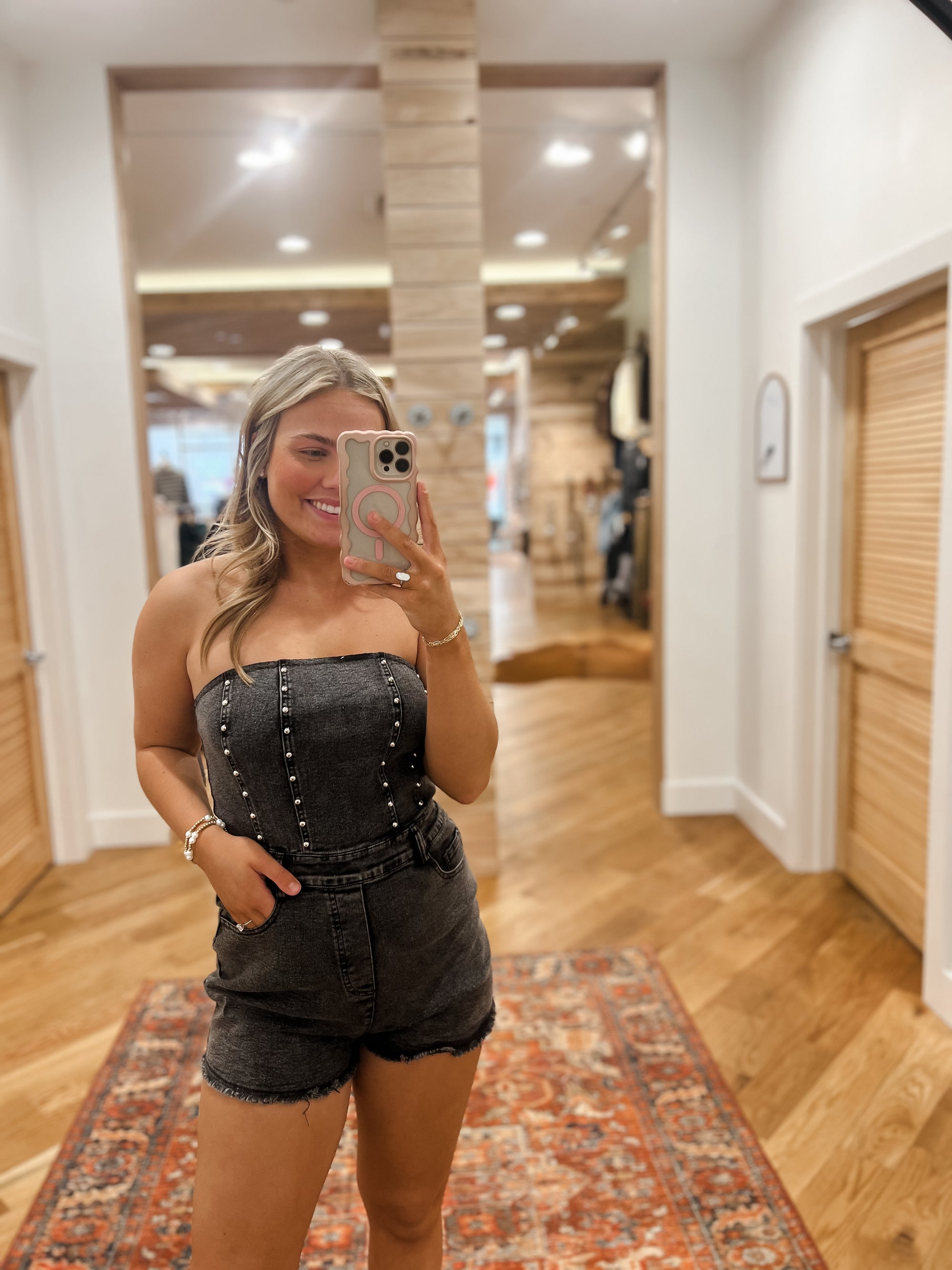 Western Strapless Washed Denim Romper